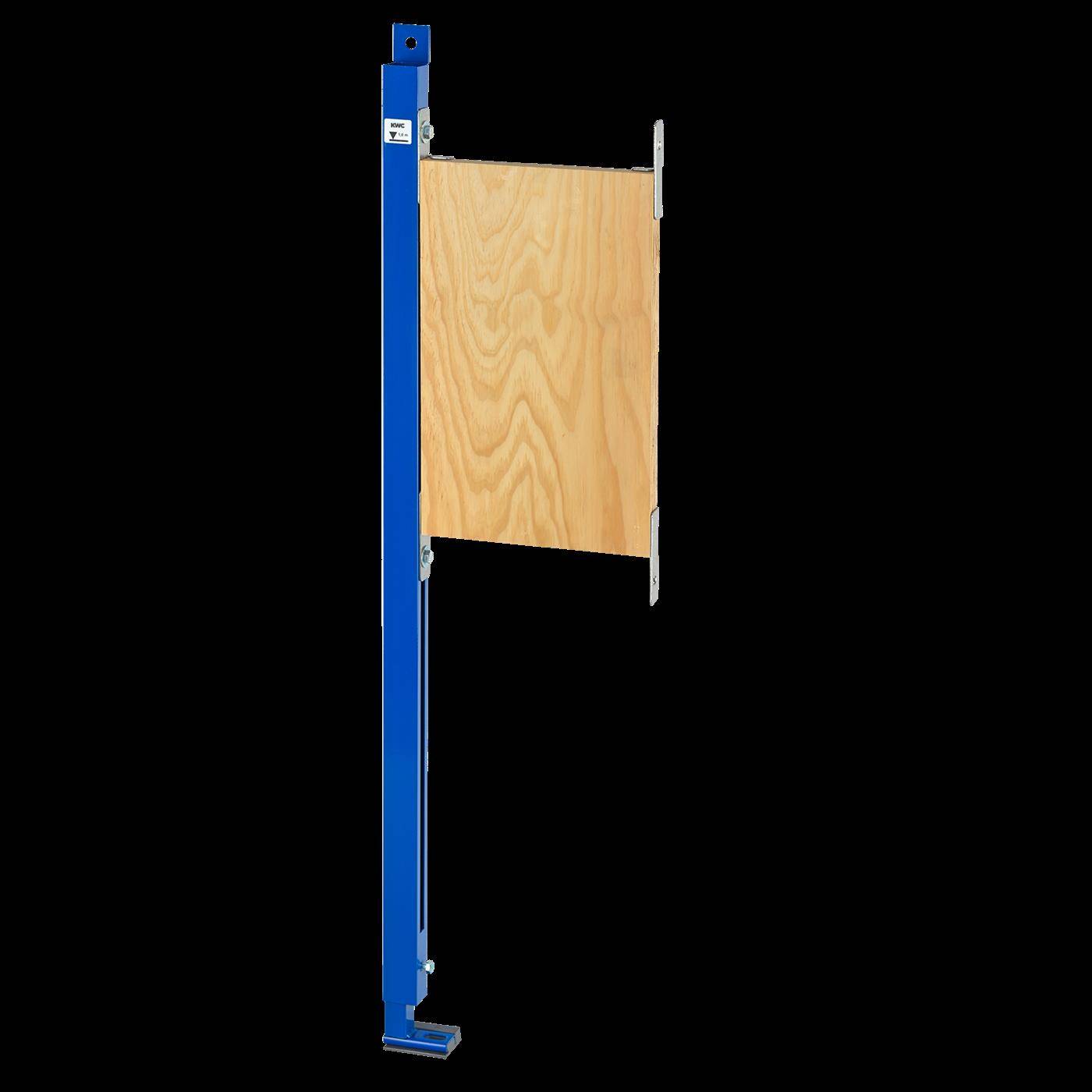 Blauer Metallpfosten, der ein rechteckiges Sperrholzpanel hält, dargestellt als eigenständige Baugruppe vor schwarzem Hintergrund.