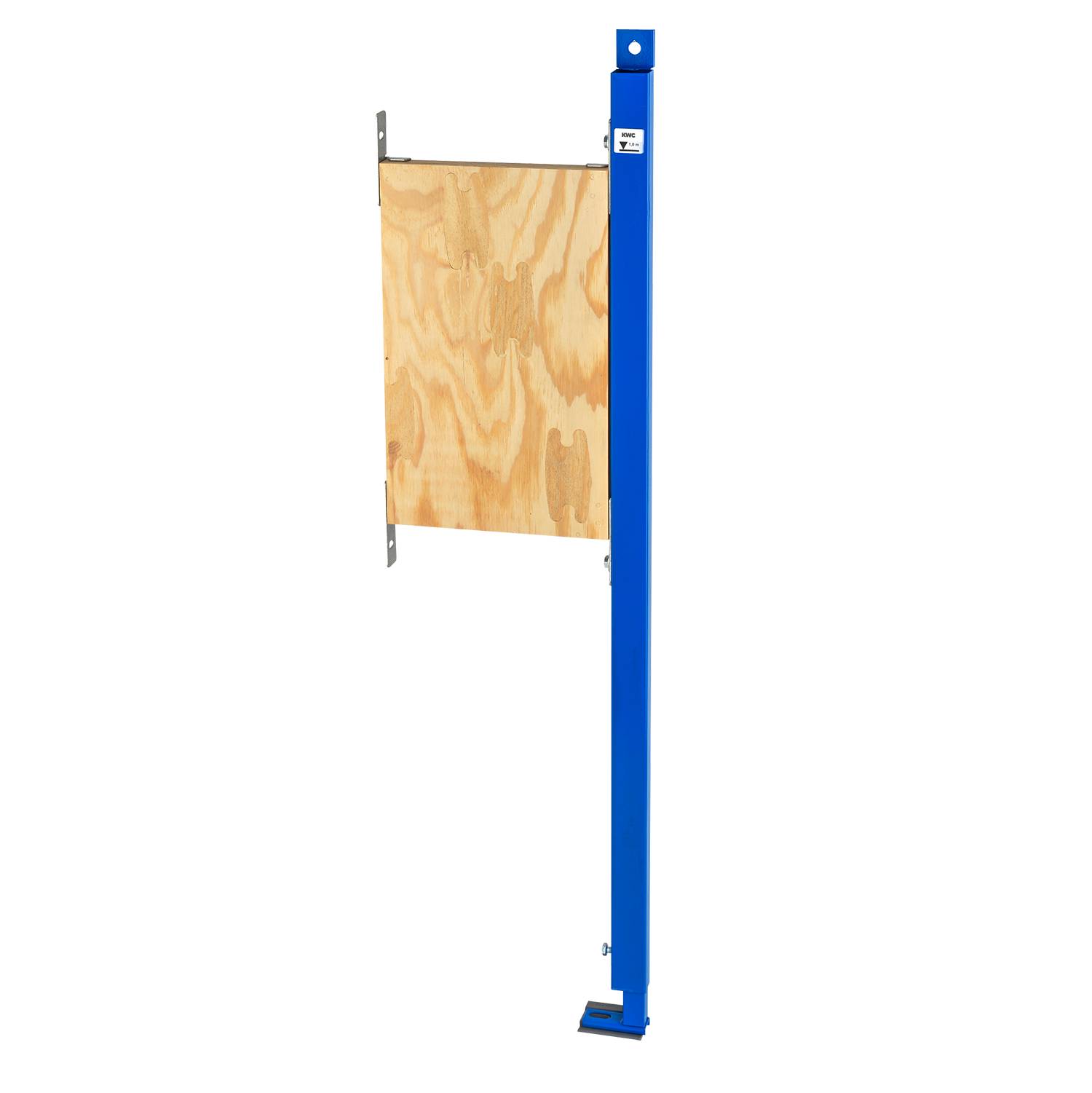 Ein blauer Metallrahmen trägt eine vertikale Holztafel, die zum sicheren Befestigen oder Halten großer Gegenstände konzipiert ist.