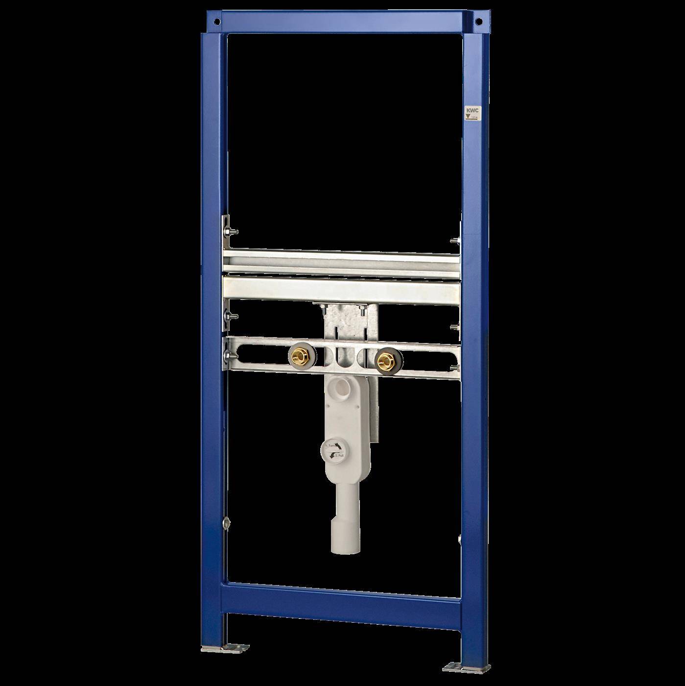 Blaues Metall-Wandhänge-WC-Gestell mit verborgenem Spülkastenzubehör und verstellbaren Stützbeinen, isoliert auf schwarzem Hintergrund dargestellt.