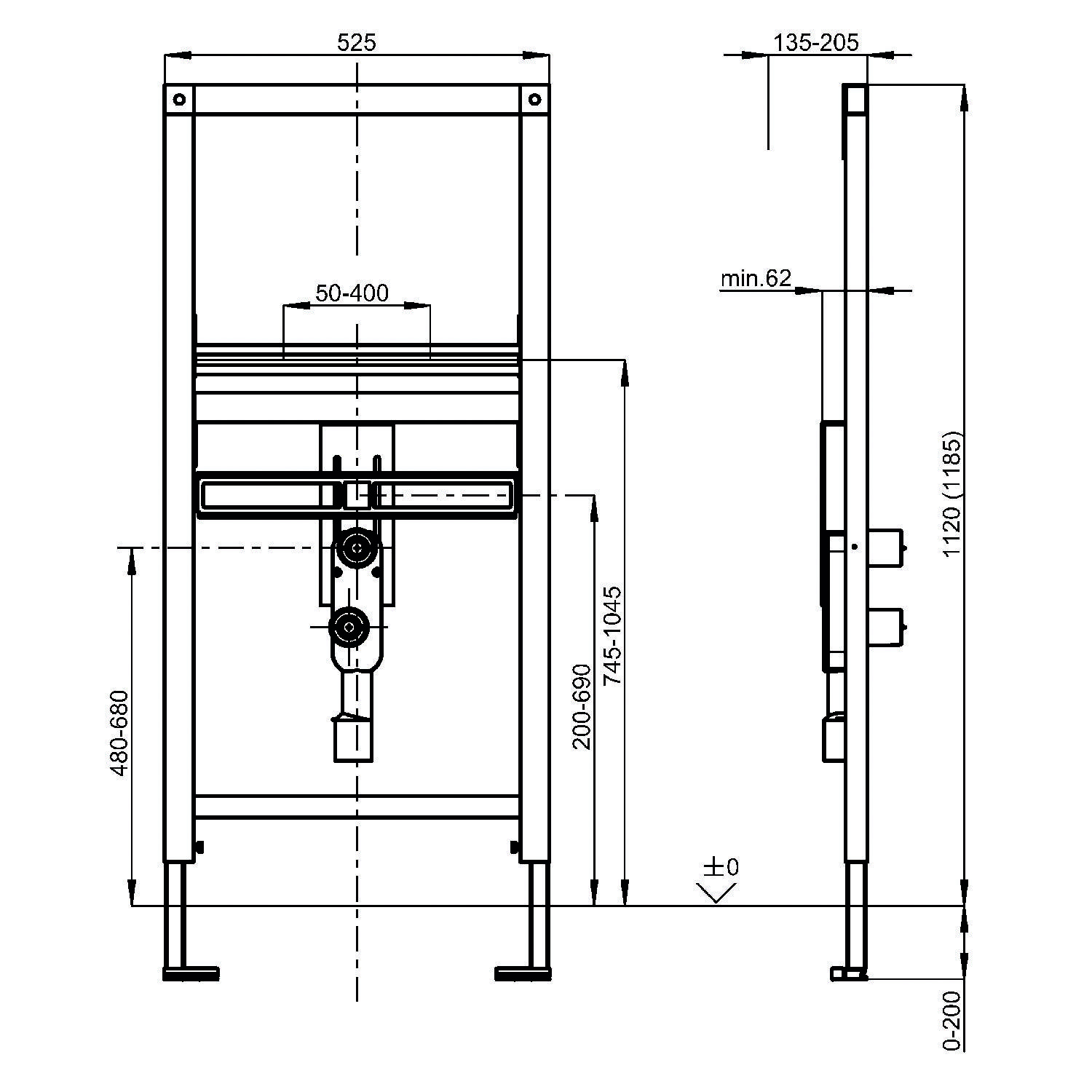 Technische Zeichnung eines Wandhängenden WC-Rahmens mit Dimensionen und Installationsmaßen, einschließlich Höhen- und Breitenspezifikationen.