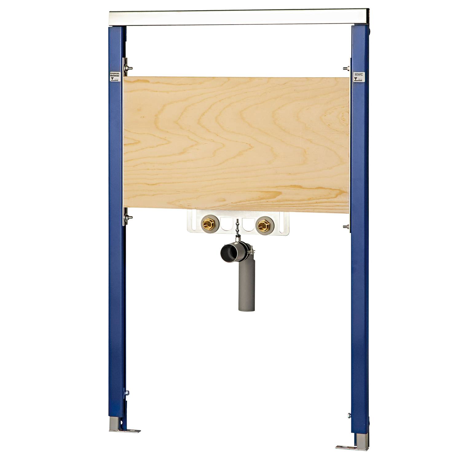 Ein Metall-Wandhalterungssystem mit einer Holzrückwand zur Unterstützung von Sanitärinstallationen, ausgestattet mit zwei montierten Ventilen und einem Ablaufauslass.