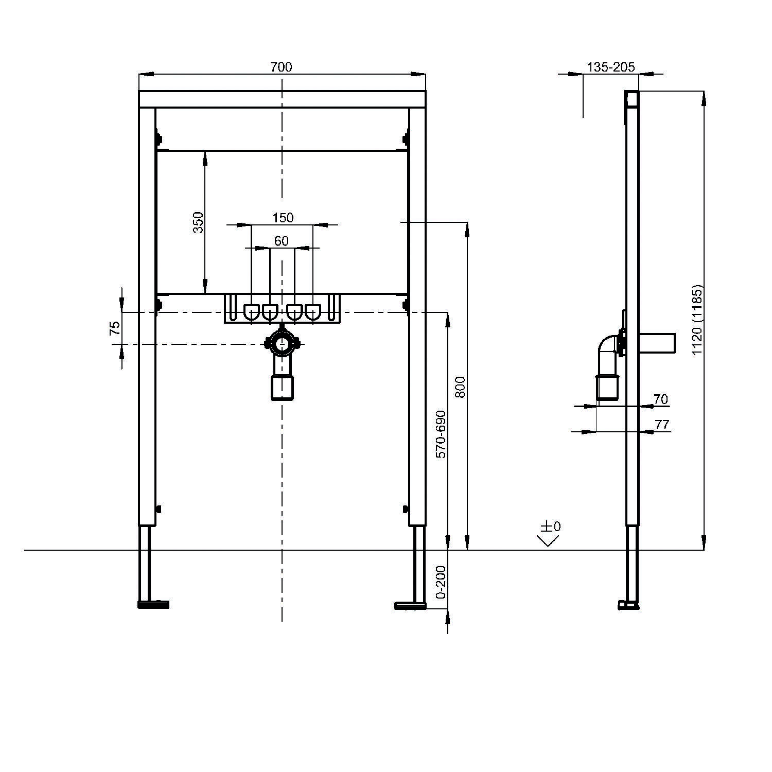 Technische Zeichnung eines wandmontiertem Rahmens für eine Toilette, mit Vorder- und Seitenansicht und Maßangaben. Wichtige Abmessungen umfassen eine Breite von 700 mm, eine Höhe von 1120-1150 mm.