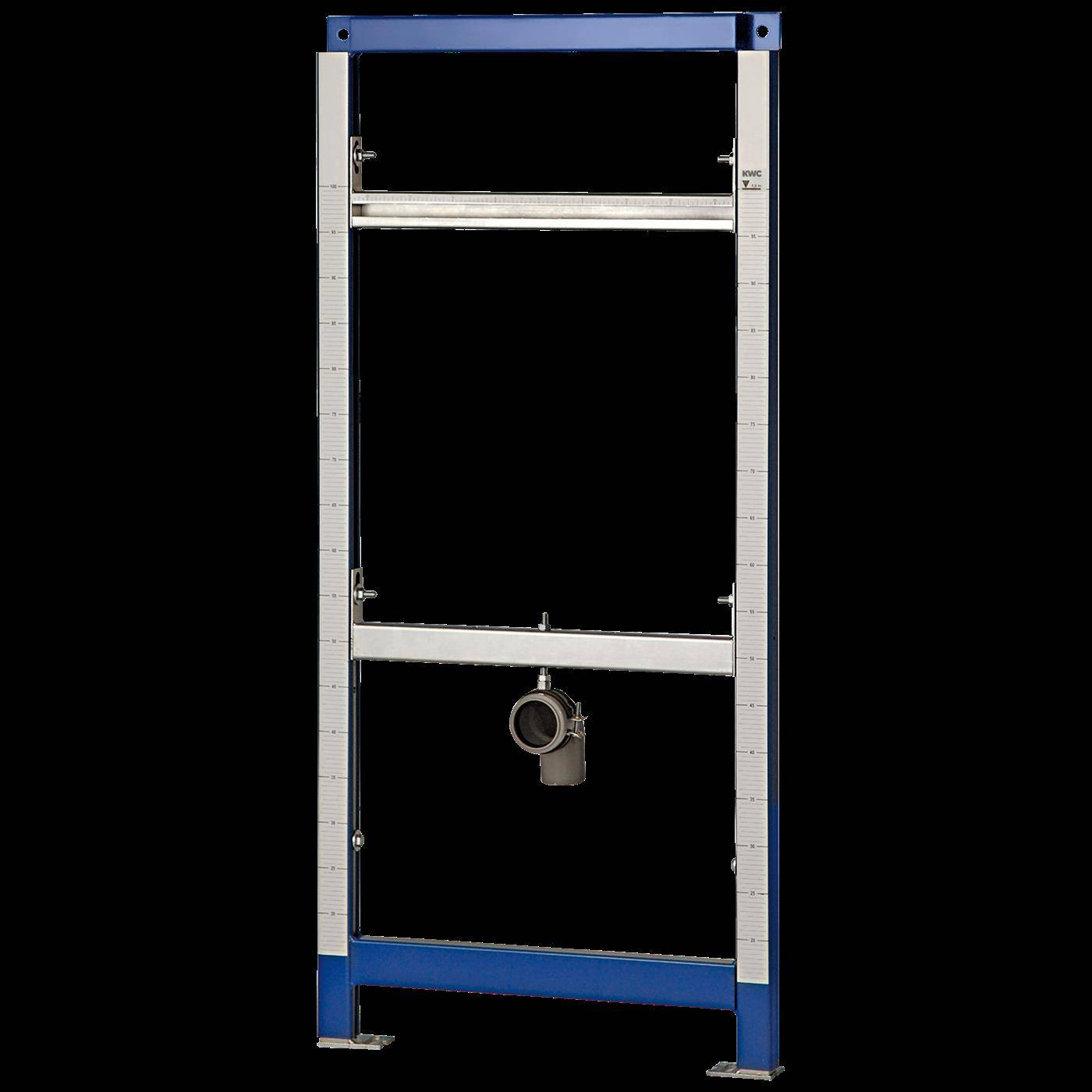 Ein hohes blau-silbernes Metallprüfgestell oder eine Vorrichtung mit verstellbaren horizontalen Stangen und einer zentralen kreisförmigen Sonde oder Klemme, gezeigt auf schwarzem Hintergrund.