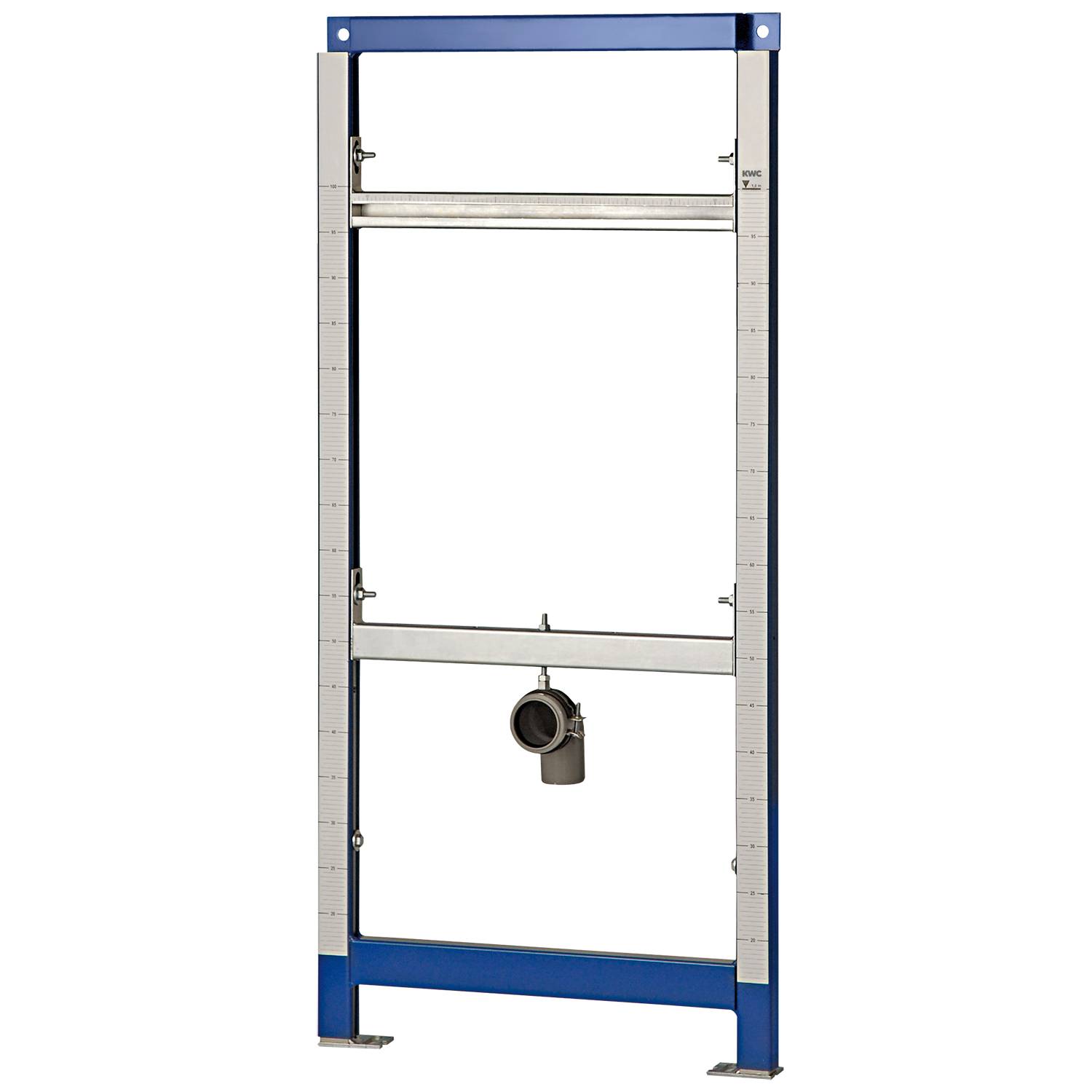 Ein vertikales, zweispaltige Metallregal mit verstellbaren Stangen und einem hängenden zylindrischen Objekt in der Mitte, vor einem dunklen Hintergrund.