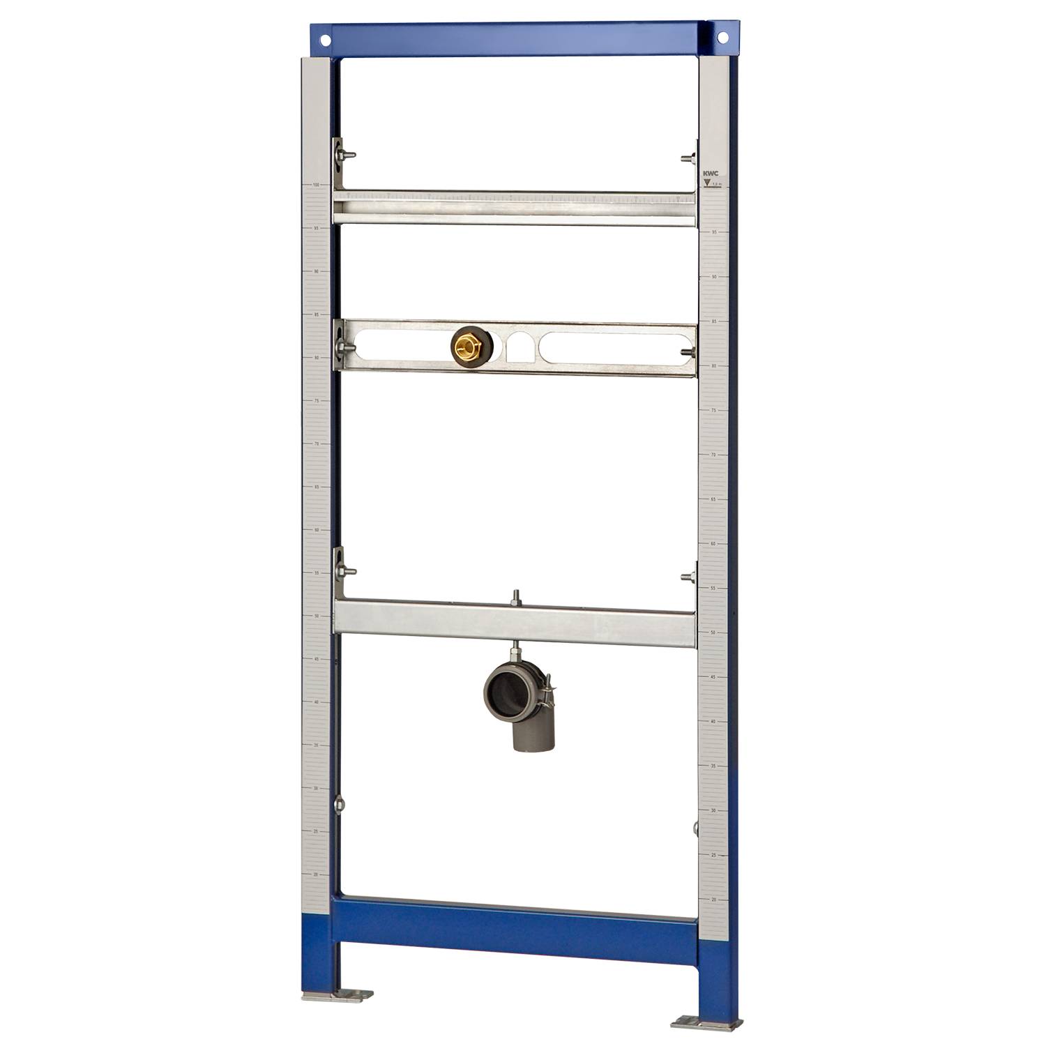 Ein Metallrahmen-System, das für die Unterstützung von Sanitärinstallationen konzipiert ist und horizontale Stangen und ein zentrales Ventil vor einem schwarzen Hintergrund aufweist.