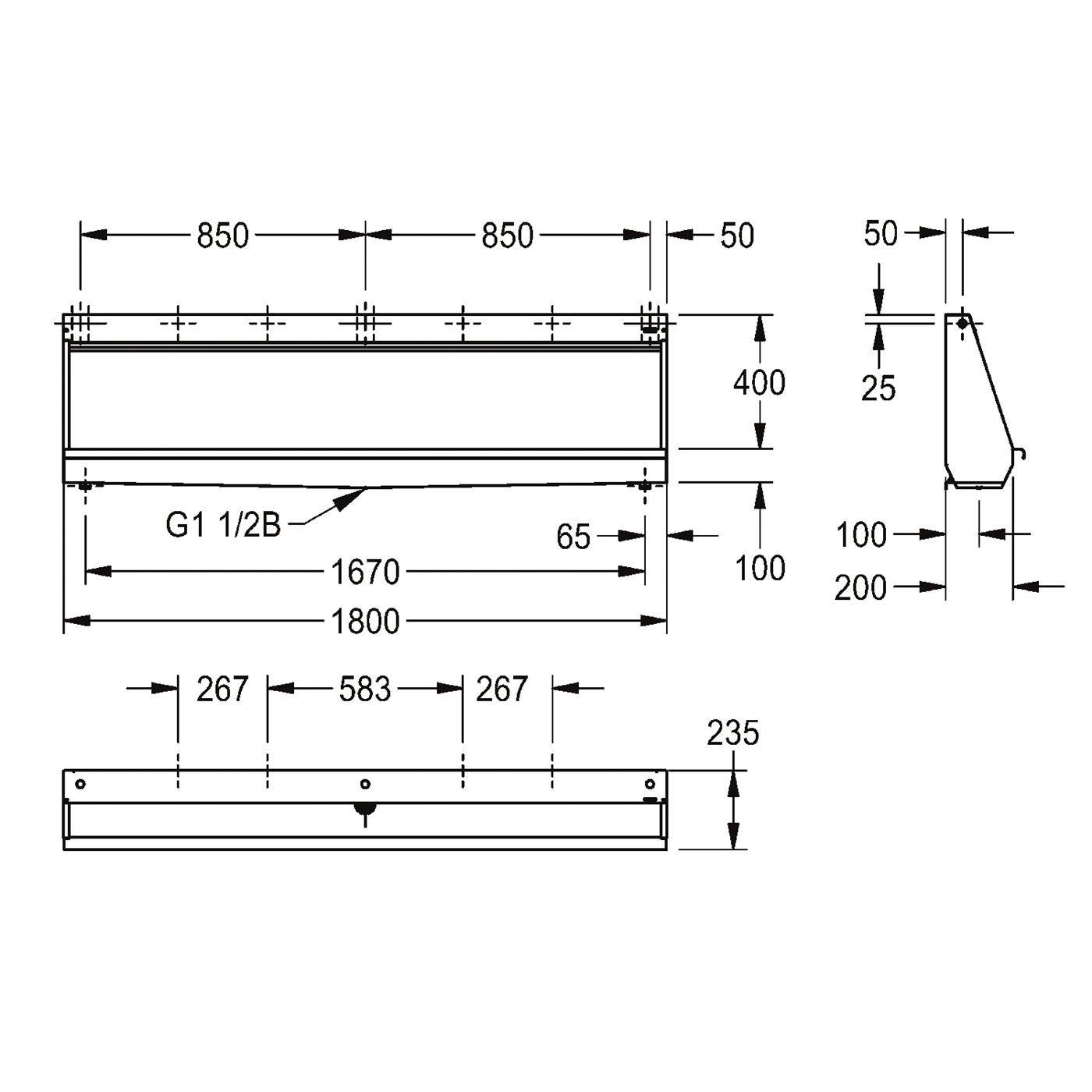 Technische Zeichnung eines rechteckigen Bauteils mit Front-, Seiten- und Draufsicht, mit Abmessungen einschließlich 1800 mm Länge, 400 mm Höhe und G1 1/2B-Anschluss.