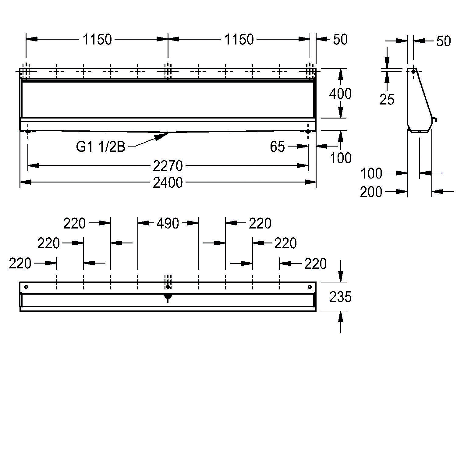 Linienzeichnung eines Balkens mit Abmessungen: Länge 2270, Höhe 400 mm, Breite 235 mm. Enthält Maße für Montage und Anschlüsse.
