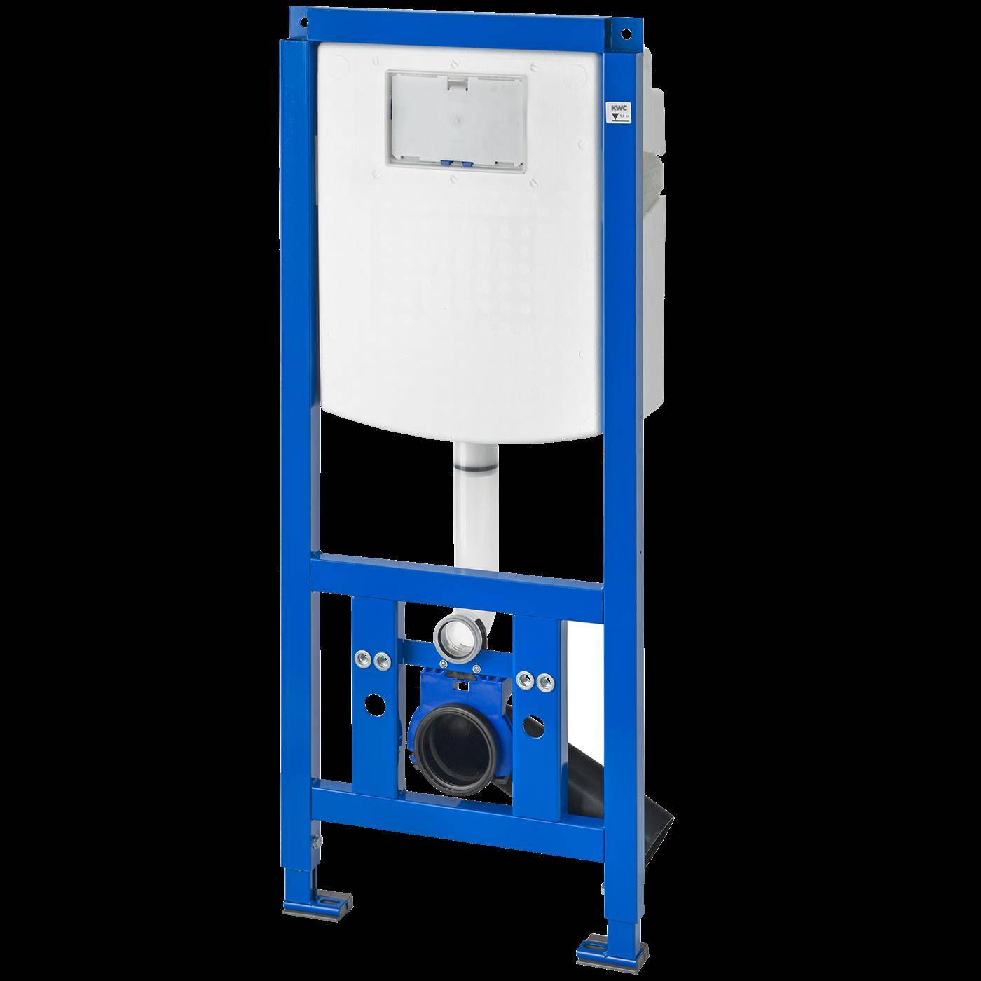 Blauer Metall-Unterputz-Spülkasten mit weißem Behälter und Spülmechanismus, dargestellt als Sanitärinstallationseinheit auf schwarzem Hintergrund.