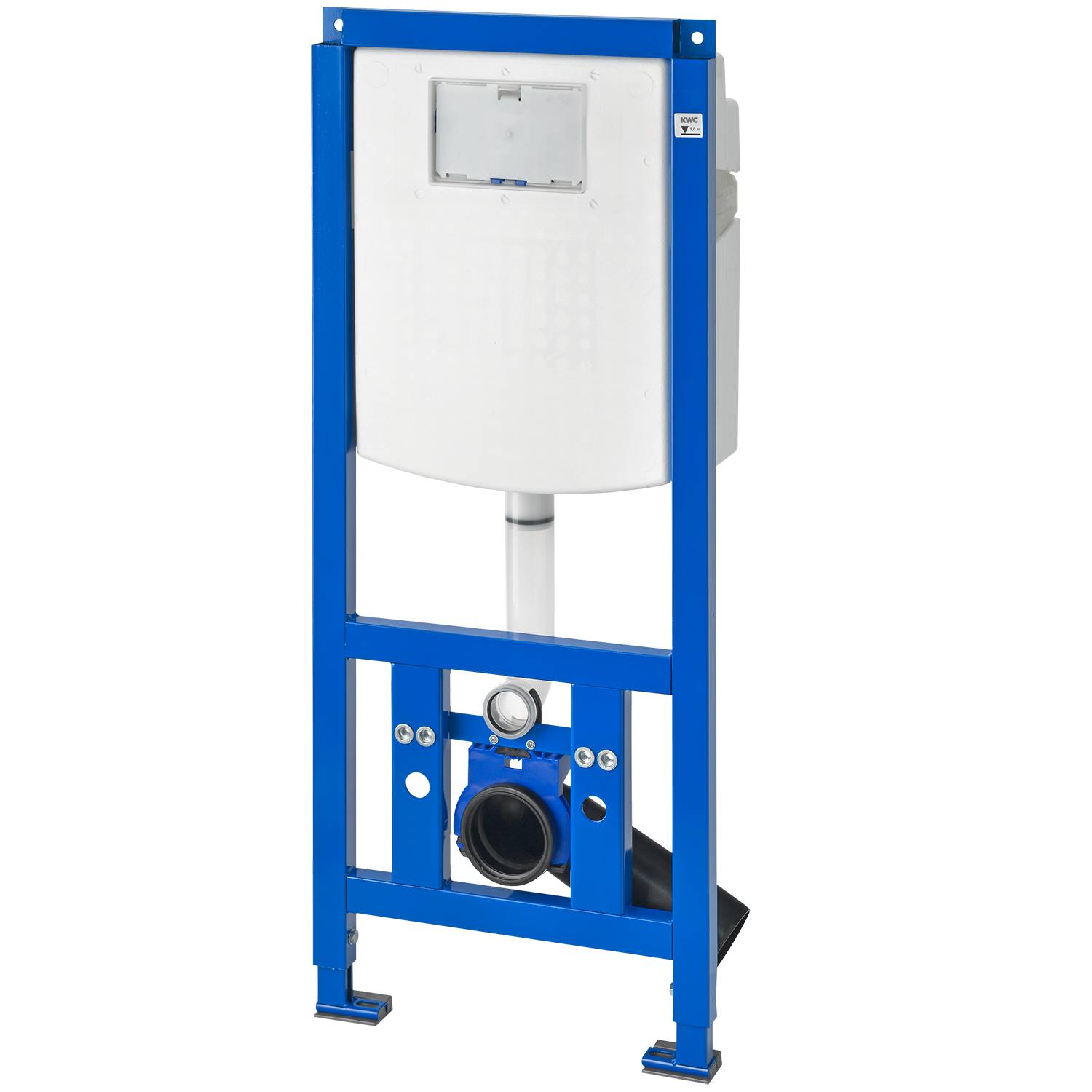 Blau-weißer Wandeinbau-Toilettenrahmen mit Spülkasten, konzipiert für verdeckte Installation in Badezimmern.