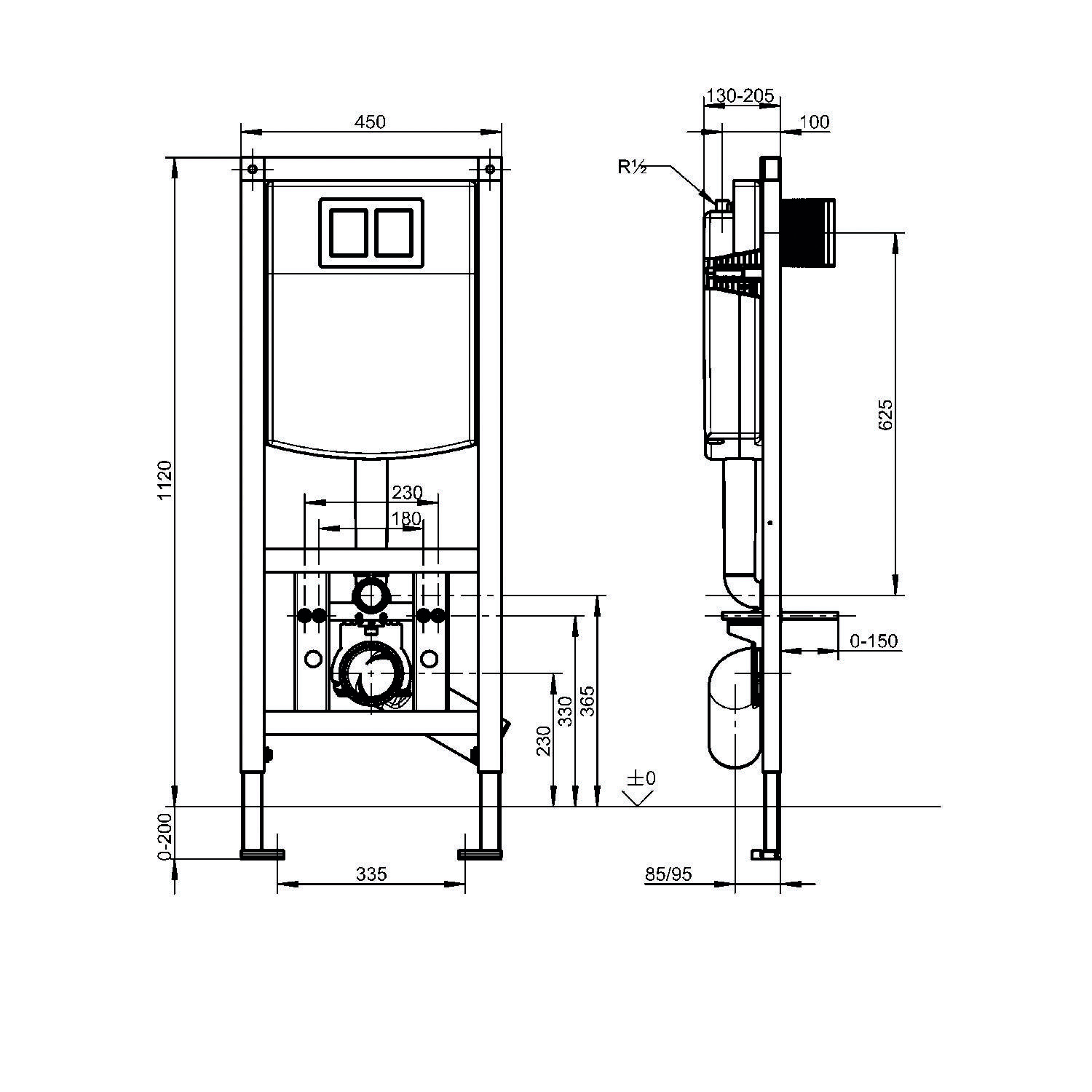 Technische Zeichnung einer Wandheizungsanlage mit Vorder- und Seitenansicht der Abmessungen, mit beschrifteten Komponenten einschließlich Rohren und Bedienfeld.
