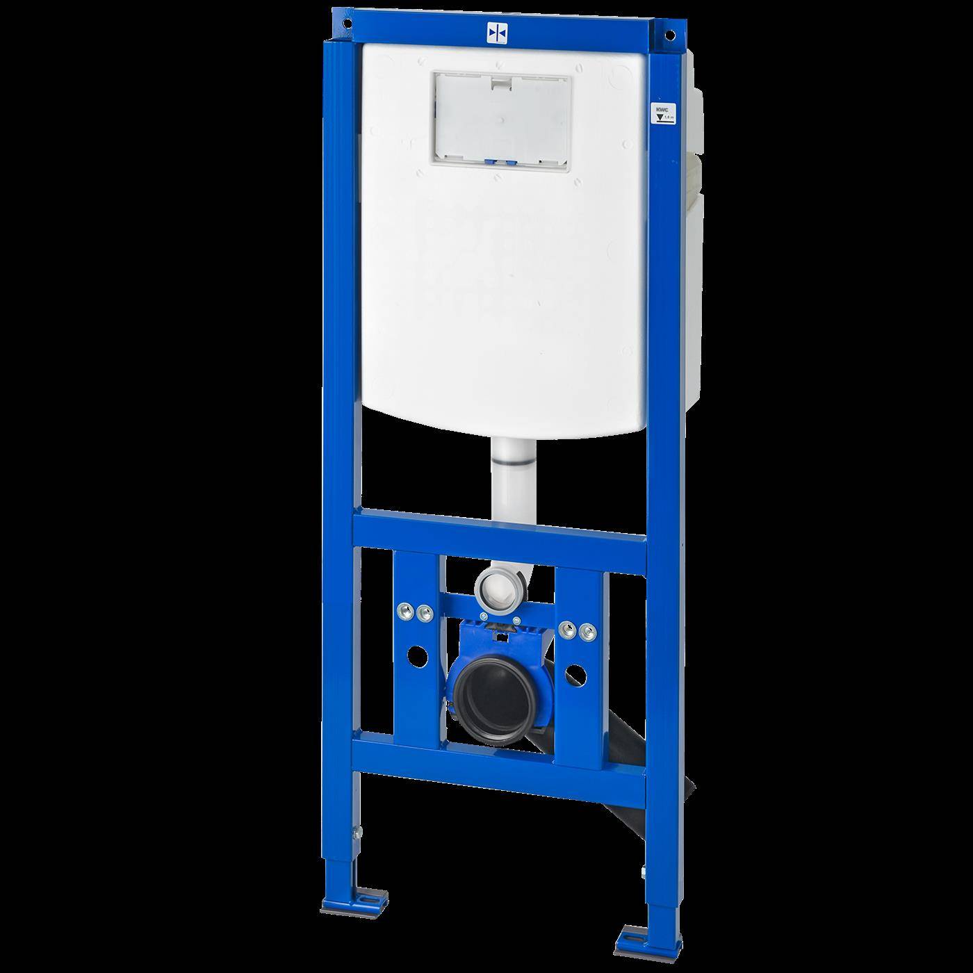 Blaues WC-Spülkasten-Gestell mit verborgenem Tank und Spülmechanismus für die Wandmontage im Badezimmer.