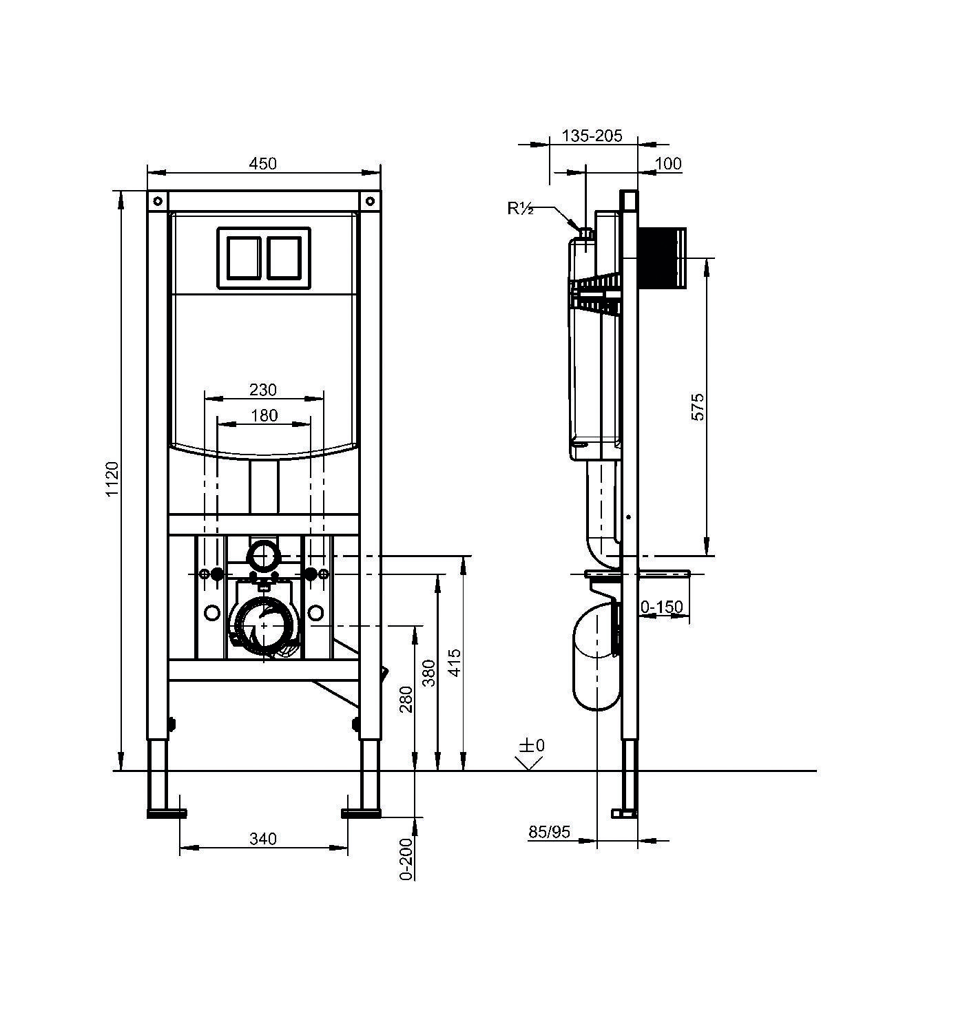 Technische Zeichnung eines wandhängenden Toilettensystems, die Abmessungen und Seitenansicht zeigt. Wichtige Maße umfassen 1120 mm Höhe und 450 mm Breite.