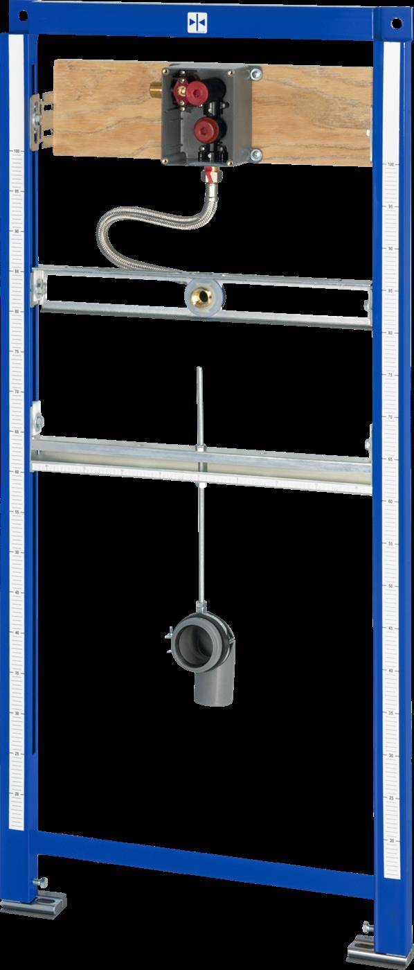 Blauer Metallprüfrahmen, der einen Holzbalken und eine Riemenscheibenbaugruppe mit einem hängenden Gewicht hält und einen strukturellen Belastungstestaufbau veranschaulicht.
