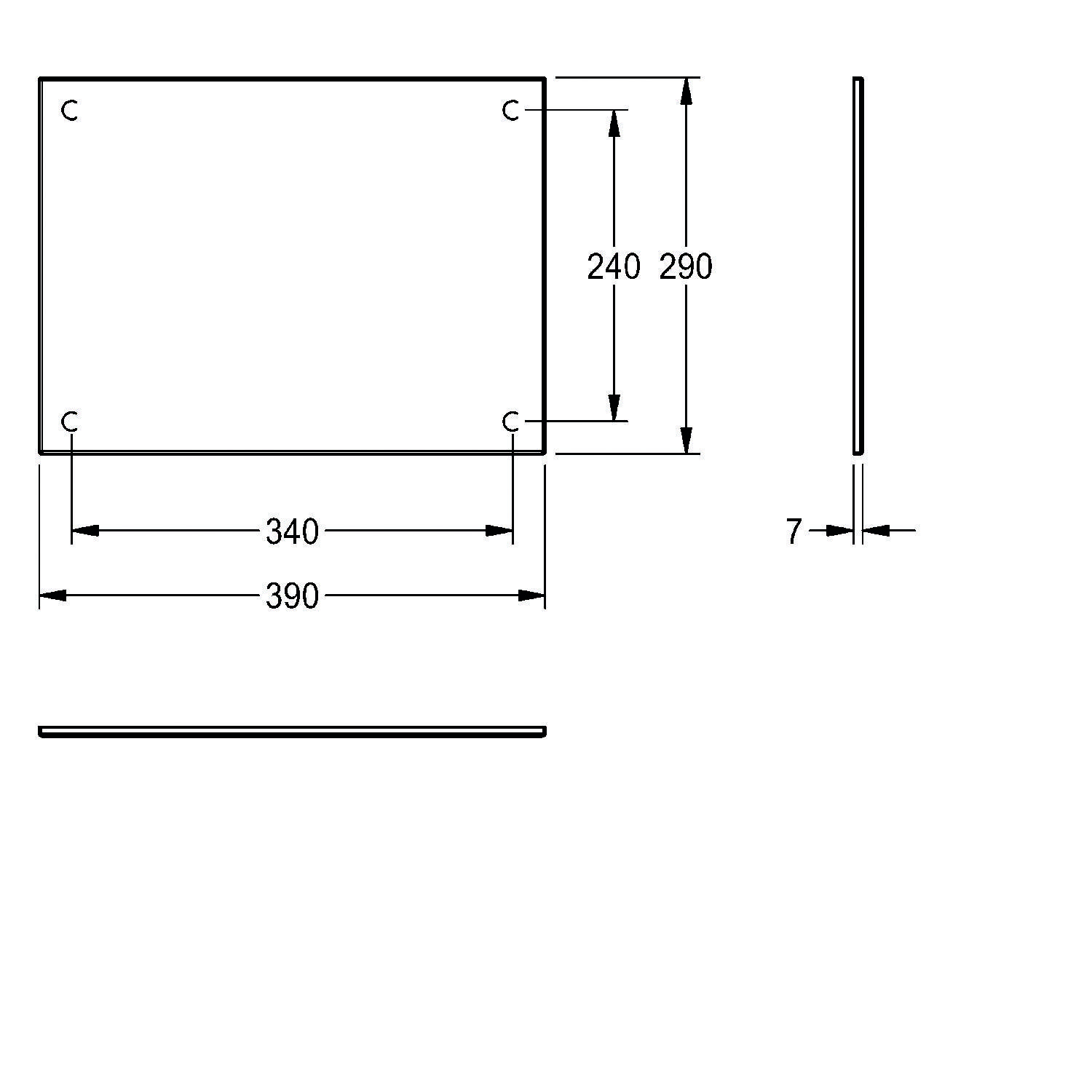 Technische Zeichnung eines rechteckigen Metallhalters. Abmessungen: 390 mm Breite, 240 mm Höhe und 7 mm Dicke. Ecklöcher mit 'C' gekennzeichnet.