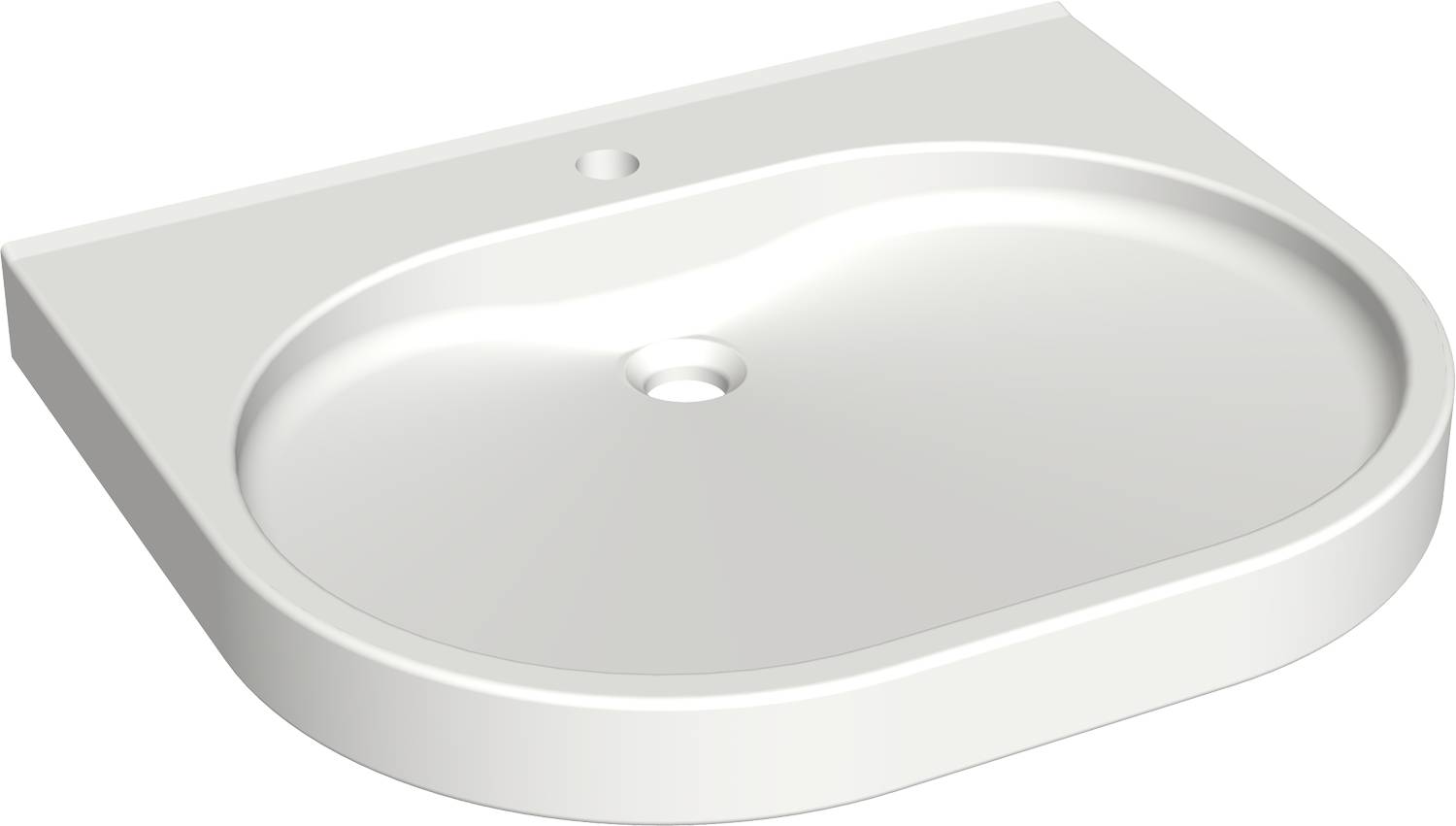 Ein weißes, ovales Waschbecken mit glatter Oberfläche, ausgestattet mit einer einzelnen Armaturbohrung und einem zentralen Ablaufloch, aus einer schrägen Perspektive betrachtet.