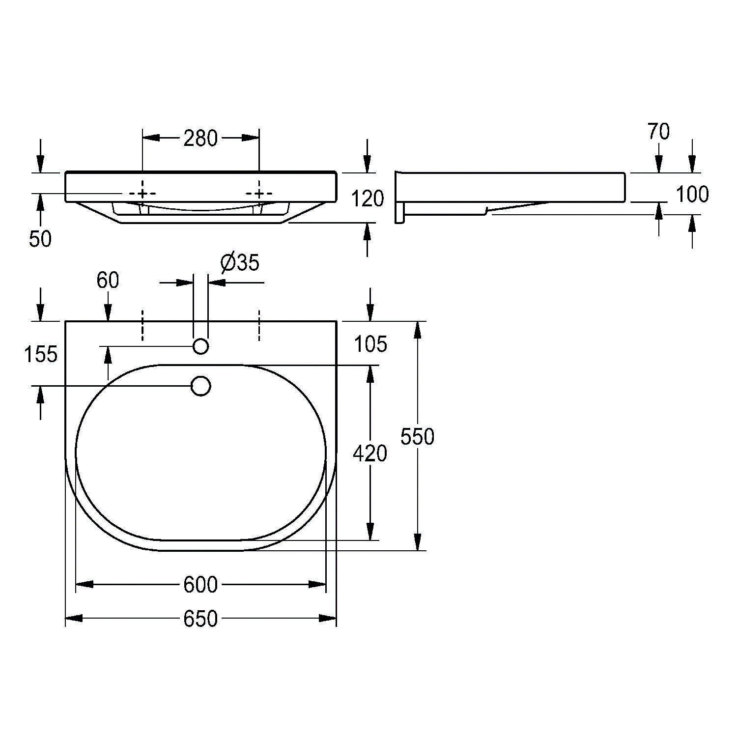 Technische Zeichnung eines rechteckigen Beckens mit Ansichten von oben und der Seite, Maße in Millimetern, mit Details zu Abmessungen und Installationspunkten.