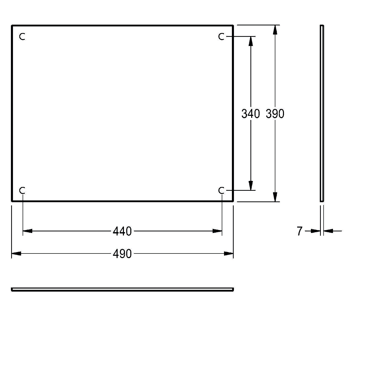 Technische Zeichnung eines rechteckigen Blatts mit abgerundeten Ecken, 490x390 mm groß und 7 mm dick. Lochpositionen in den Ecken markiert.