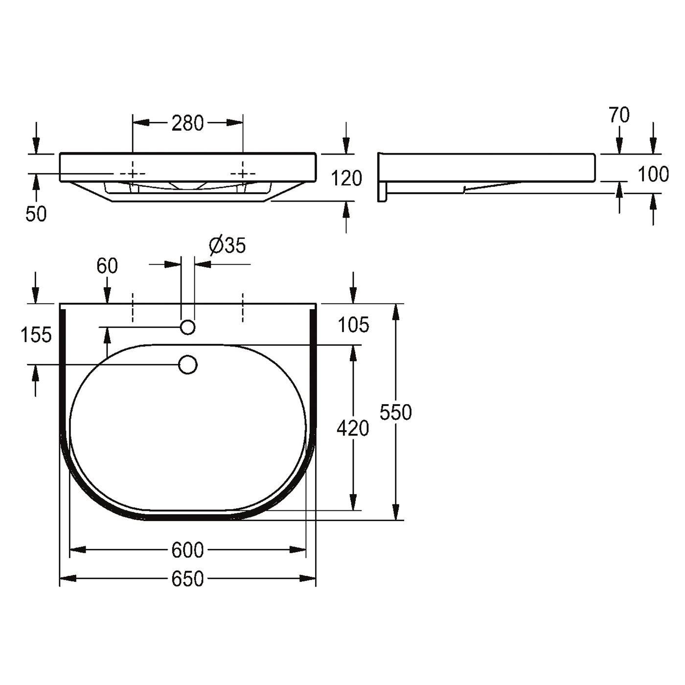 Technische Maßzeichnung eines wandmontierten Waschbeckens oder Beckens, das Vorder-, Seiten- und Draufsicht mit Abmessungen zeigt, darunter 650 mm Breite, 550 mm Höhe und 35 mm Lochdurchmesser.