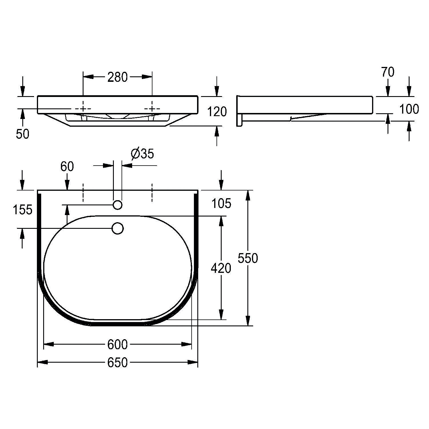 Technische Zeichnung eines Waschbeckens. Abmessungen: Breite 650 mm, Tiefe 420 mm. Durchmesser der Ablaufbohrung 35 mm. Zeigt Seiten- und Frontansicht mit präzisen Maßangaben.