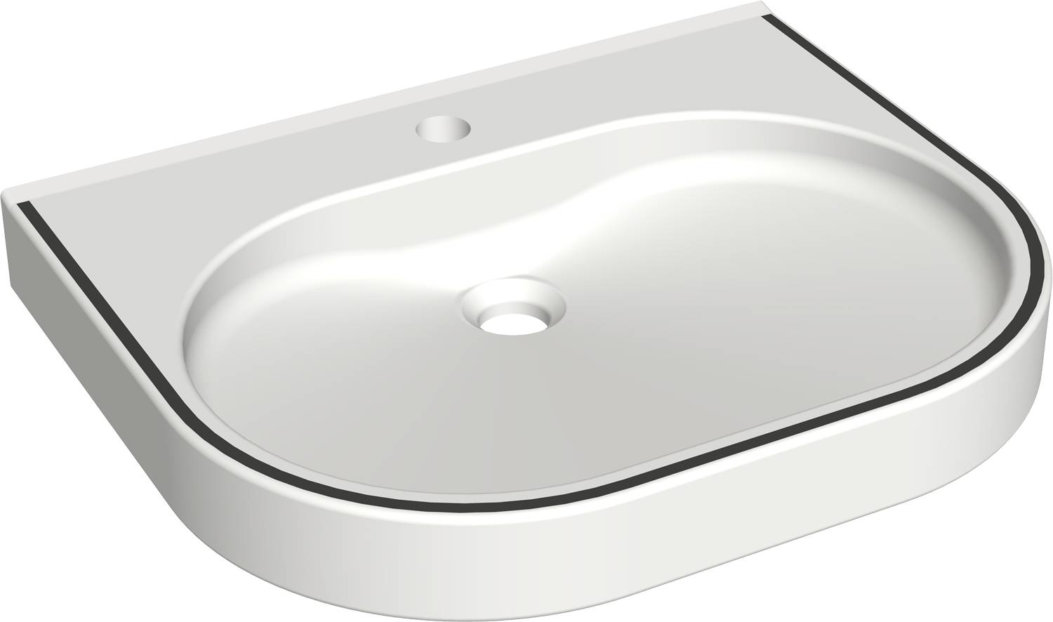 Ein weißes Keramik-Waschbecken mit modernem rechteckigem Design vor einem schwarzen Hintergrund; ausgestattet mit einem zentralen Ablauf und Armaturloch.