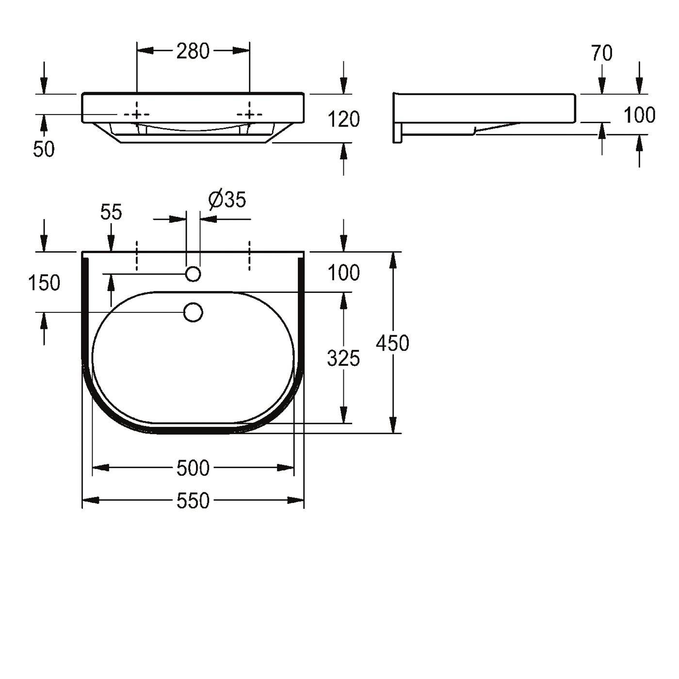 Technische Zeichnung eines wandmontierten Waschbeckens mit Abmessungen: 550 mm breit, 450 mm hoch, 280 mm tief und markierten Größen für Abfluss- und Armaturen­öffnungen.