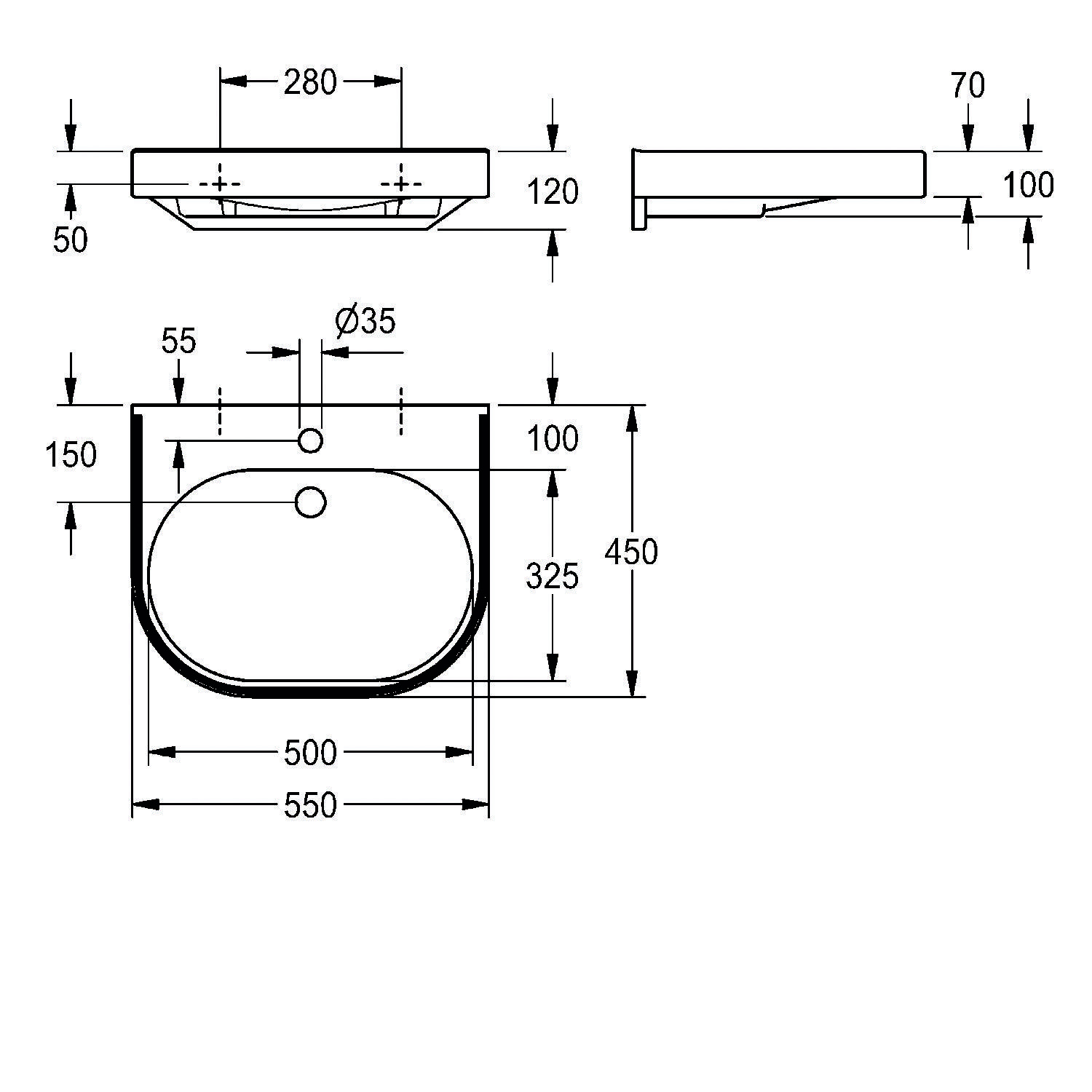 Technische Zeichnung eines Waschbeckens mit Maßen: Breite 550 mm, Tiefe 450 mm, Höhe 150 mm, mit Draufsicht und Seitenansicht und beschrifteten Maßangaben.