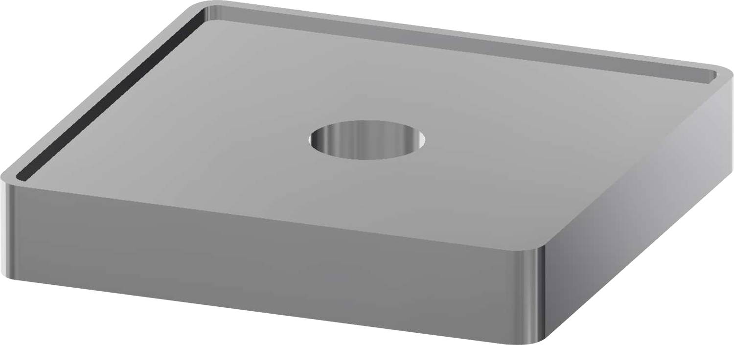 Silberner 3D-Rechteckblock mit einem kreisförmigen Loch in der Mitte, von einem Winkel aus betrachtet, mit glatten und glänzenden Oberflächen.