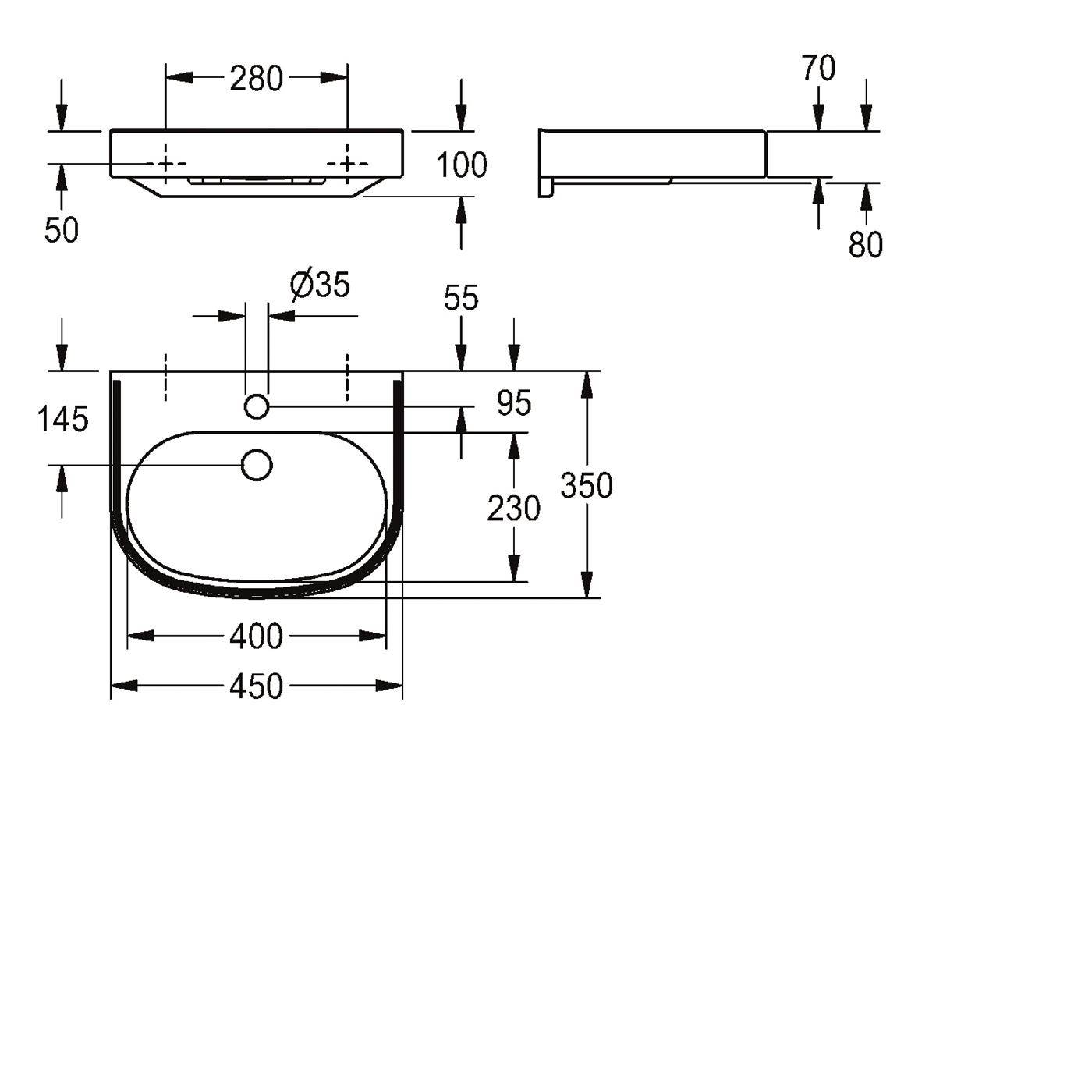 Technische Zeichnung eines wandgestützten Waschbeckens oder Beckens mit Vorder- und Seitenansicht, mit Abmessungen einschließlich 450 mm Breite, 350 mm Höhe und 280 mm obere Breite.