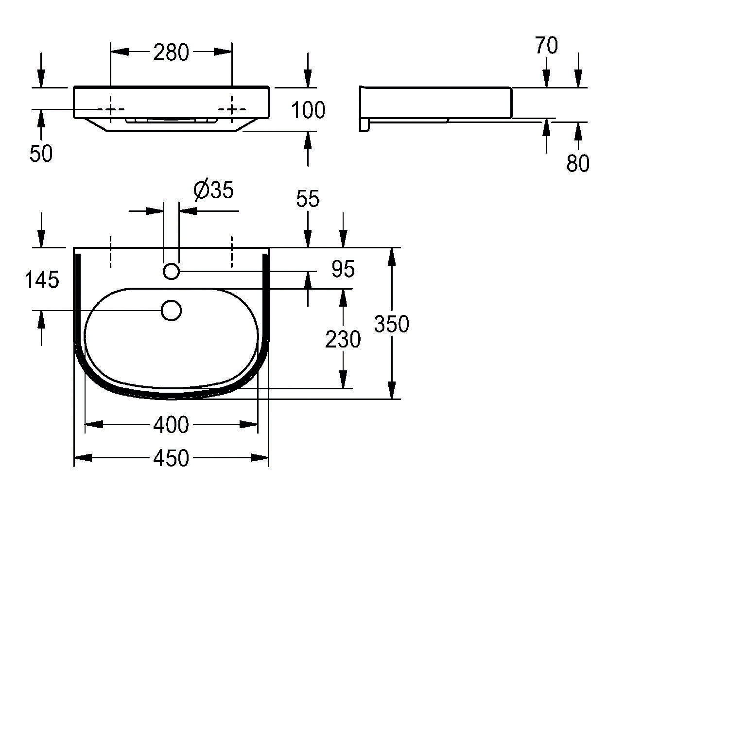 Technische Zeichnung eines ovalen Waschbeckens mit Abmessungen: Breite 450 mm, Tiefe 400 mm und Höhe 145 mm. Seiten- und Draufsicht mit Maßangaben.