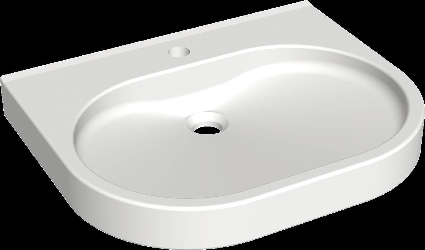 Weißes ovales Waschbecken mit einem einzelnen Wasserhahnanschluss und zentralem Ablauf, dargestellt in einer schrägten Draufsicht.