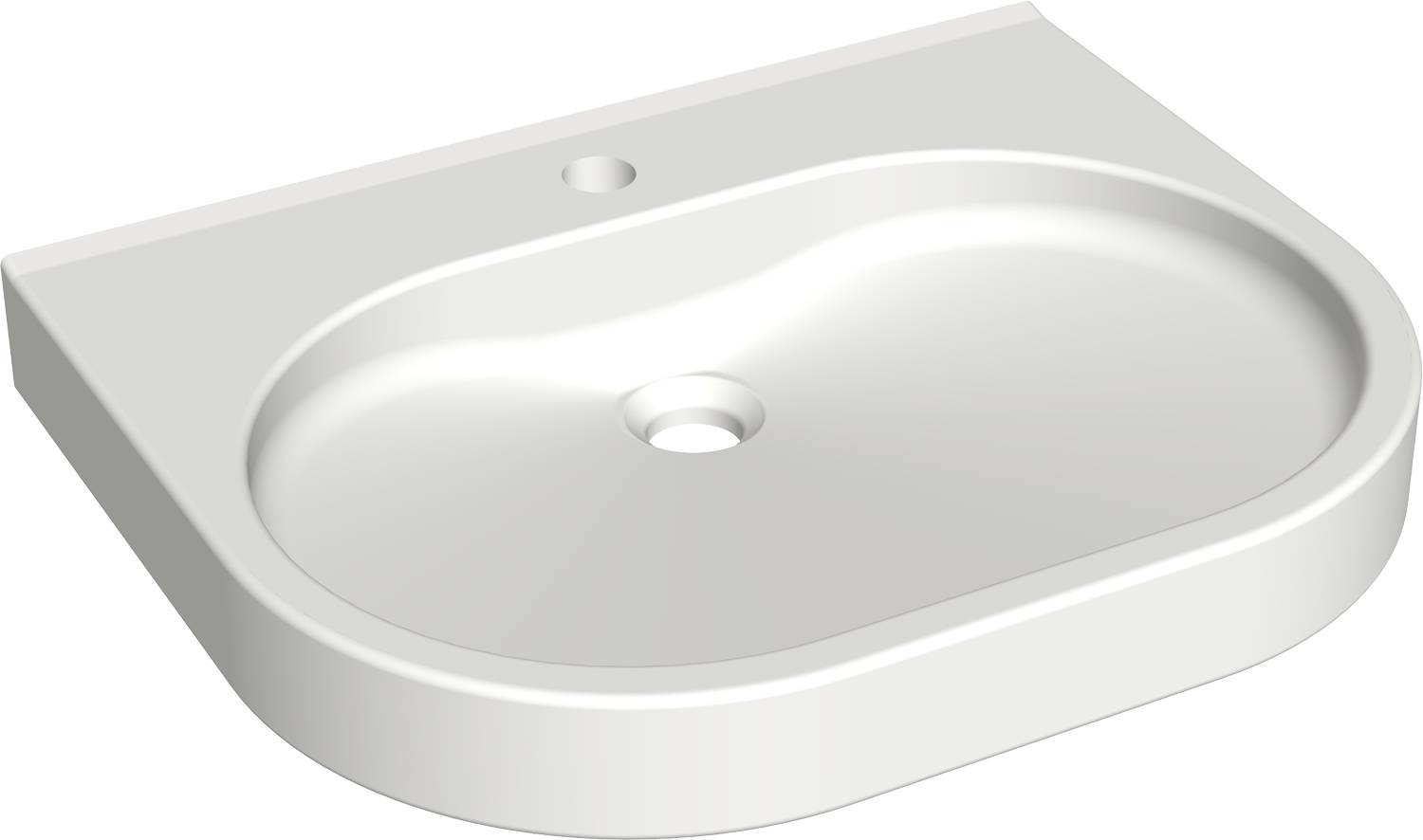 Weißes Keramikwaschbecken mit Überlaufloch und Armaturloch, von oben betrachtet. Glatte, geschwungene Design mit glänzender Oberfläche vor schwarzem Hintergrund.