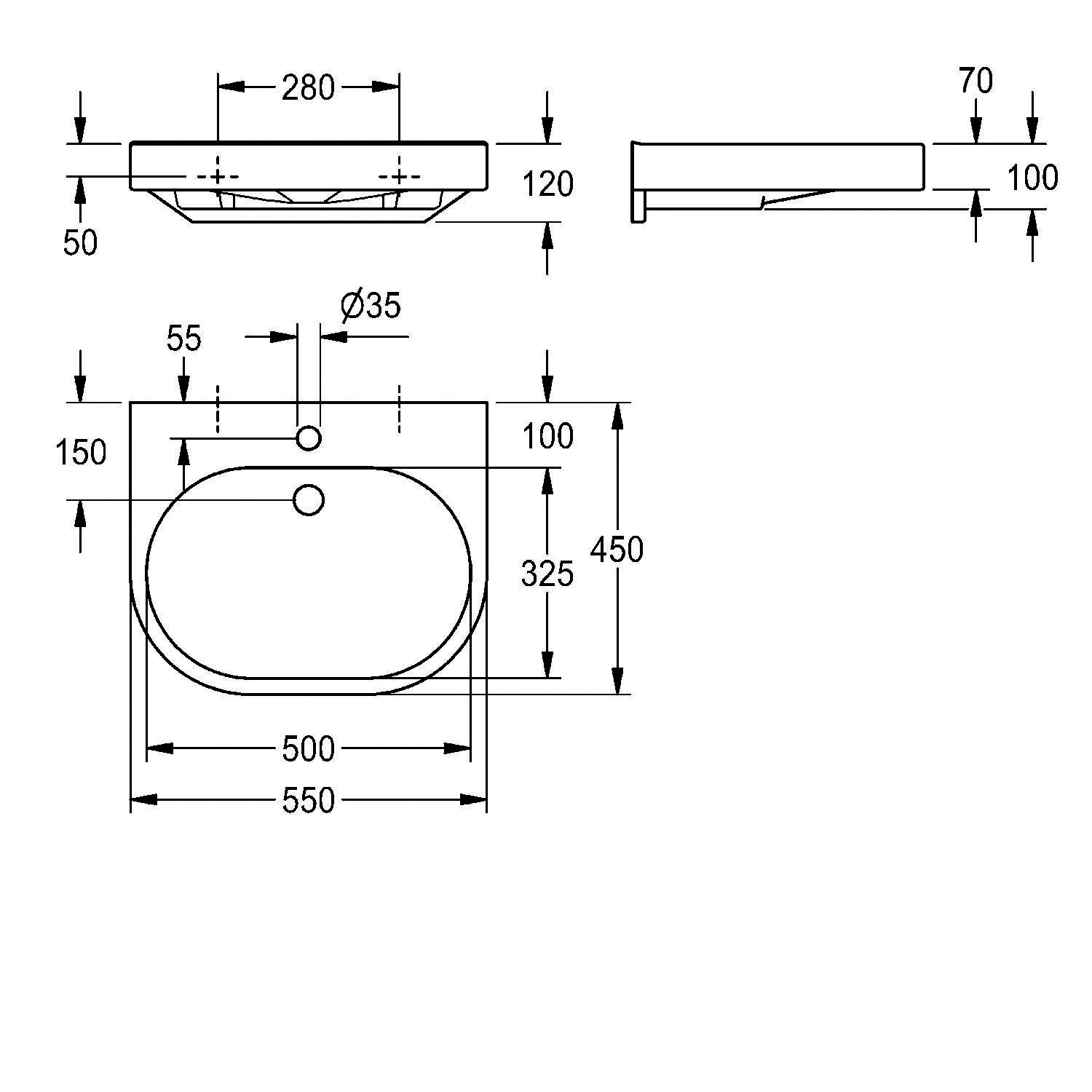 Schematische Darstellung eines ovalen Waschbeckens mit Abmessungen: Breite 550 mm, Tiefe 450 mm, Beckenbreite 325 mm, Höhe 150 mm und Ablaufloch-Durchmesser 35 mm.