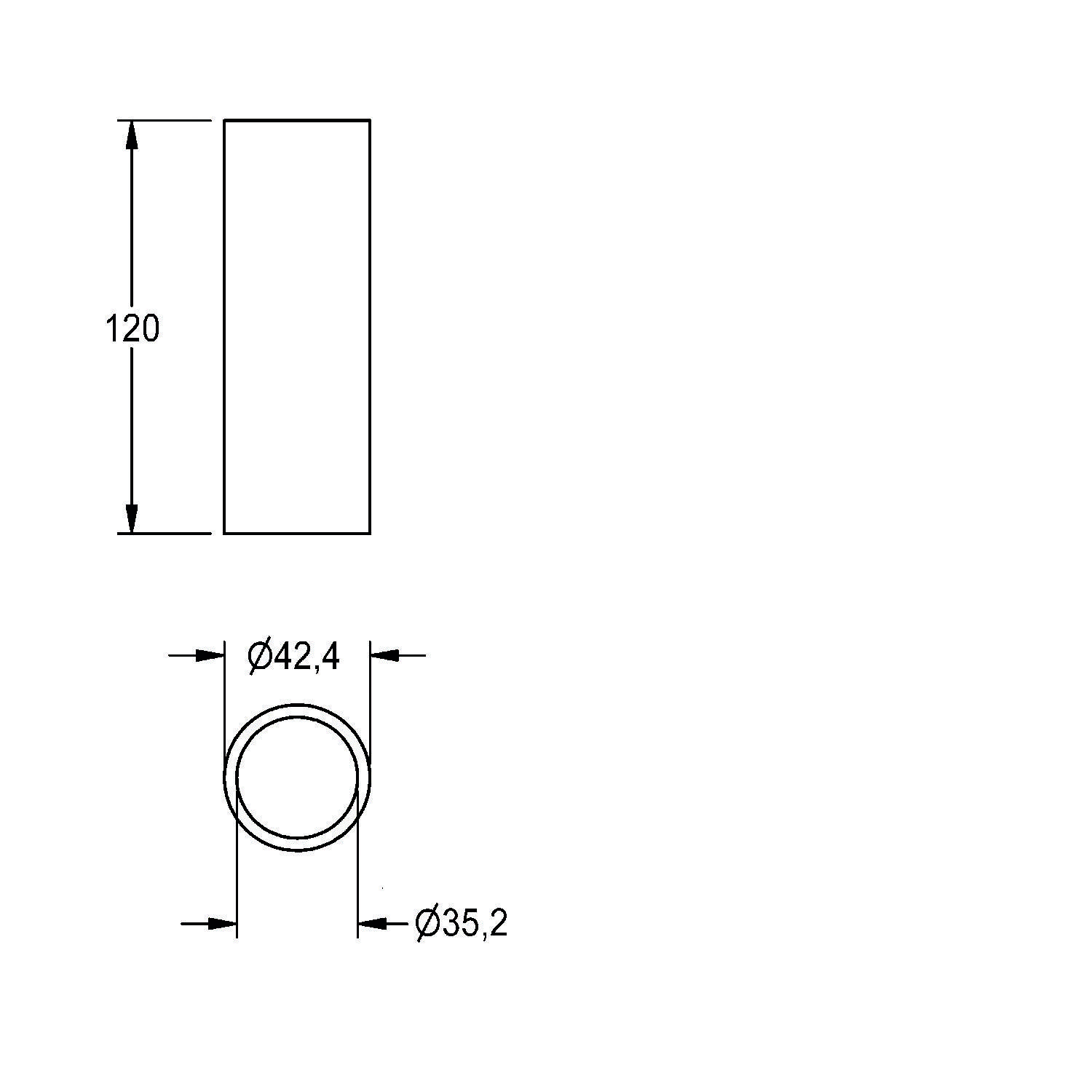 Technische Zeichnung eines Zylinders mit einer Höhe von 120 mm und einem Außendurchmesser von 42,4 mm sowie einem Innendurchmesser von 35,2 mm.