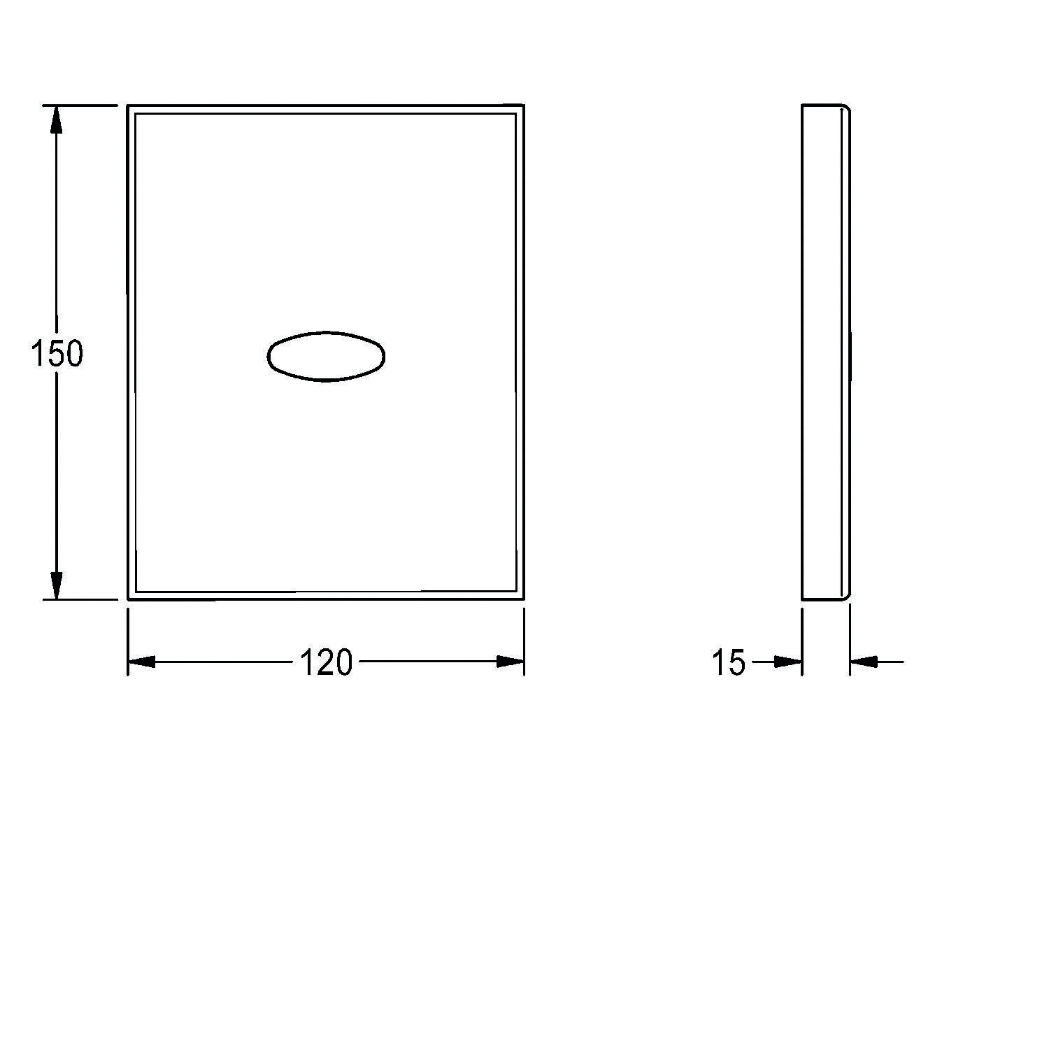 Technische Zeichnung eines rechteckigen Panels, Abmessungen 150x120x15 mm, mit einer ovalen Aussparung in der Mitte.