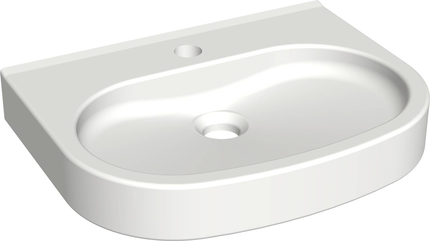 Weißes ovales Waschbecken für das Badezimmer mit einem zentralen Ablaufloch und einem Montageloch für einen Wasserhahn auf der hinteren Kante.