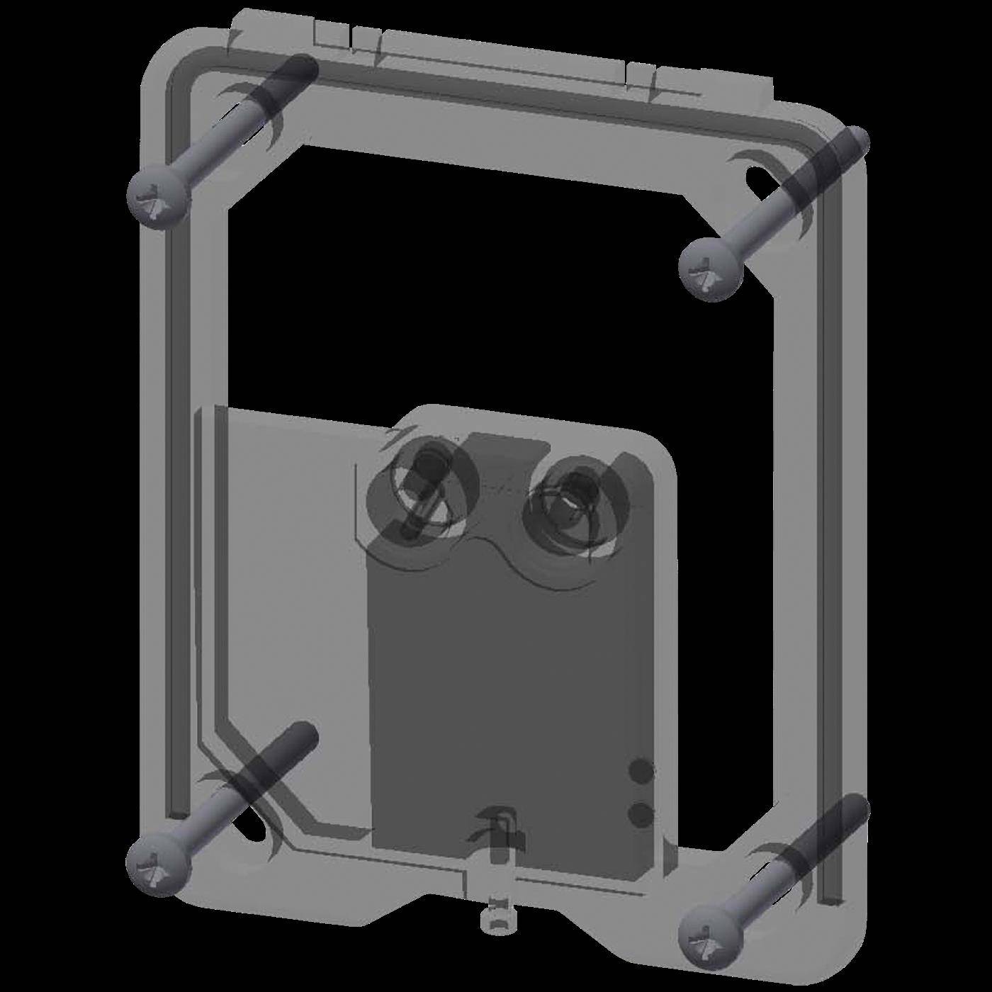 3D-Modell eines grauen mechanischen Rahmens mit vier Eckbolzen und einem zentralen Panel mit zwei kreisförmigen Öffnungen oder Sensoren.