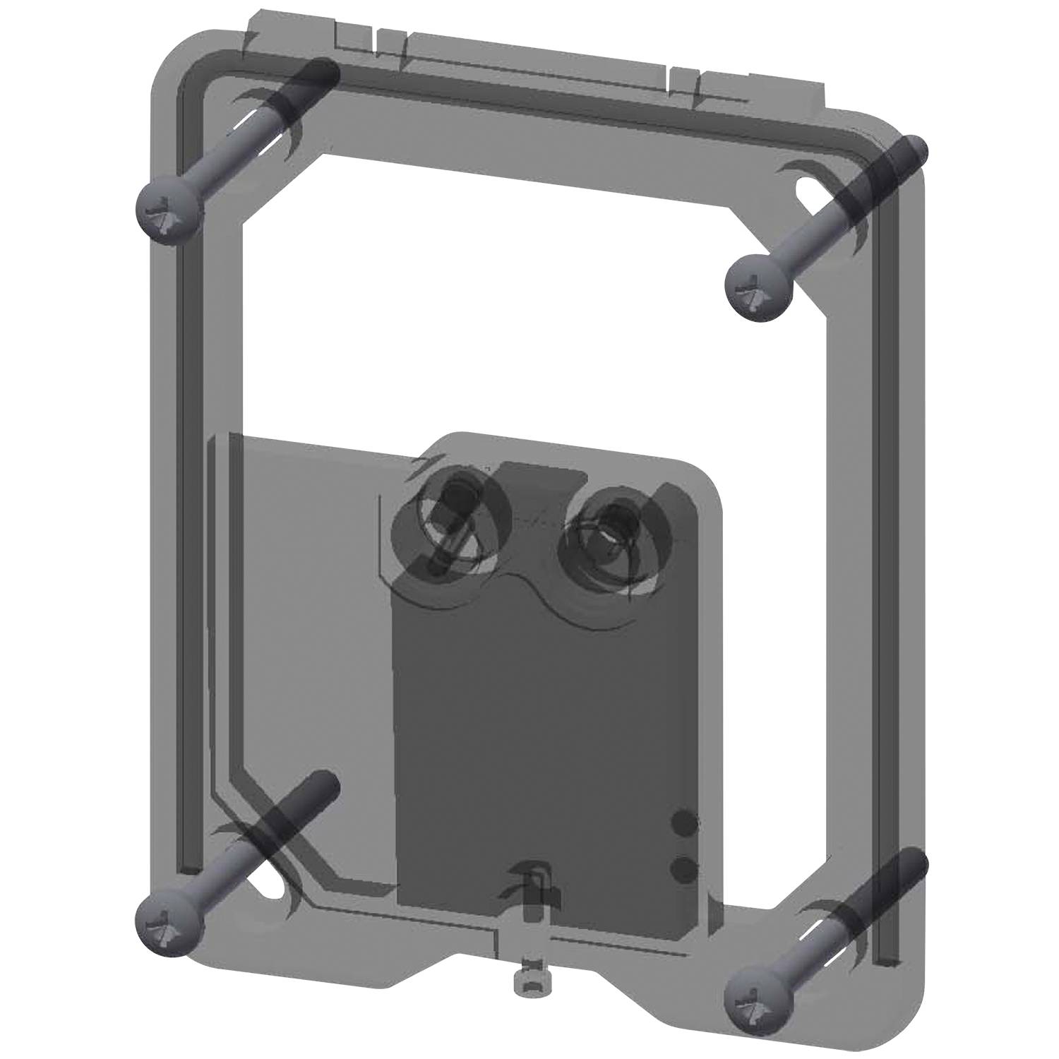 3D-Modell eines rechteckigen Metallrahmens mit vier Schrauben an jeder Ecke, konzipiert für strukturelle Unterstützung oder Montagezwecke.