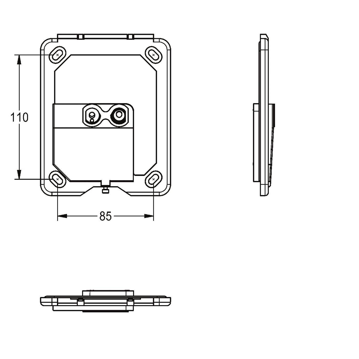 Technische Zeichnung eines rechteckigen Wandgeräts in Vorder-, Seiten- und Draufsicht mit den Abmessungen 110 x 85 mm.