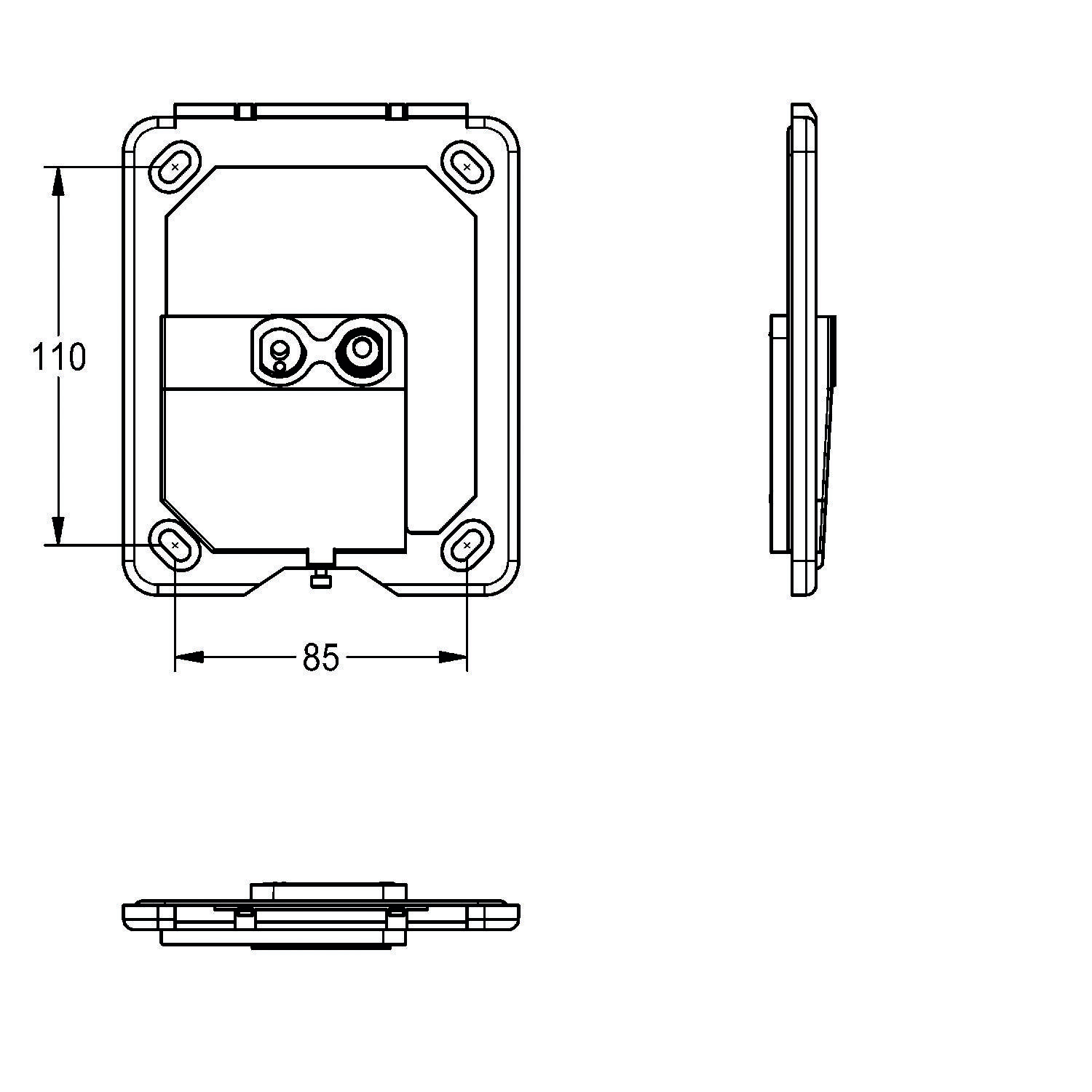 Technische Zeichnung eines quadratischen Bauteils mit Abmessungen von 110 x 85 Millimetern, mit Darstellung der Vorder- und Seitenansicht sowie Befestigungspunkten.