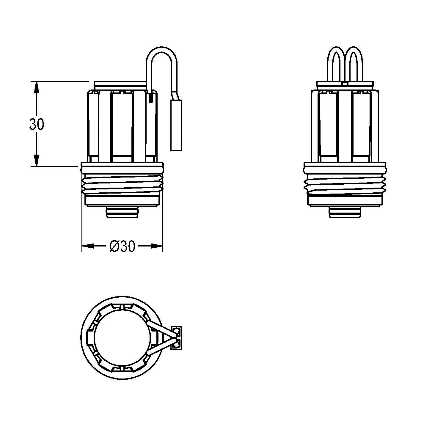 Technische Zeichnung einer Lampenfassung mit Maßangaben: Höhe 30 mm und Durchmesser 30 mm, mit Darstellung der Vorder- und Draufsicht.