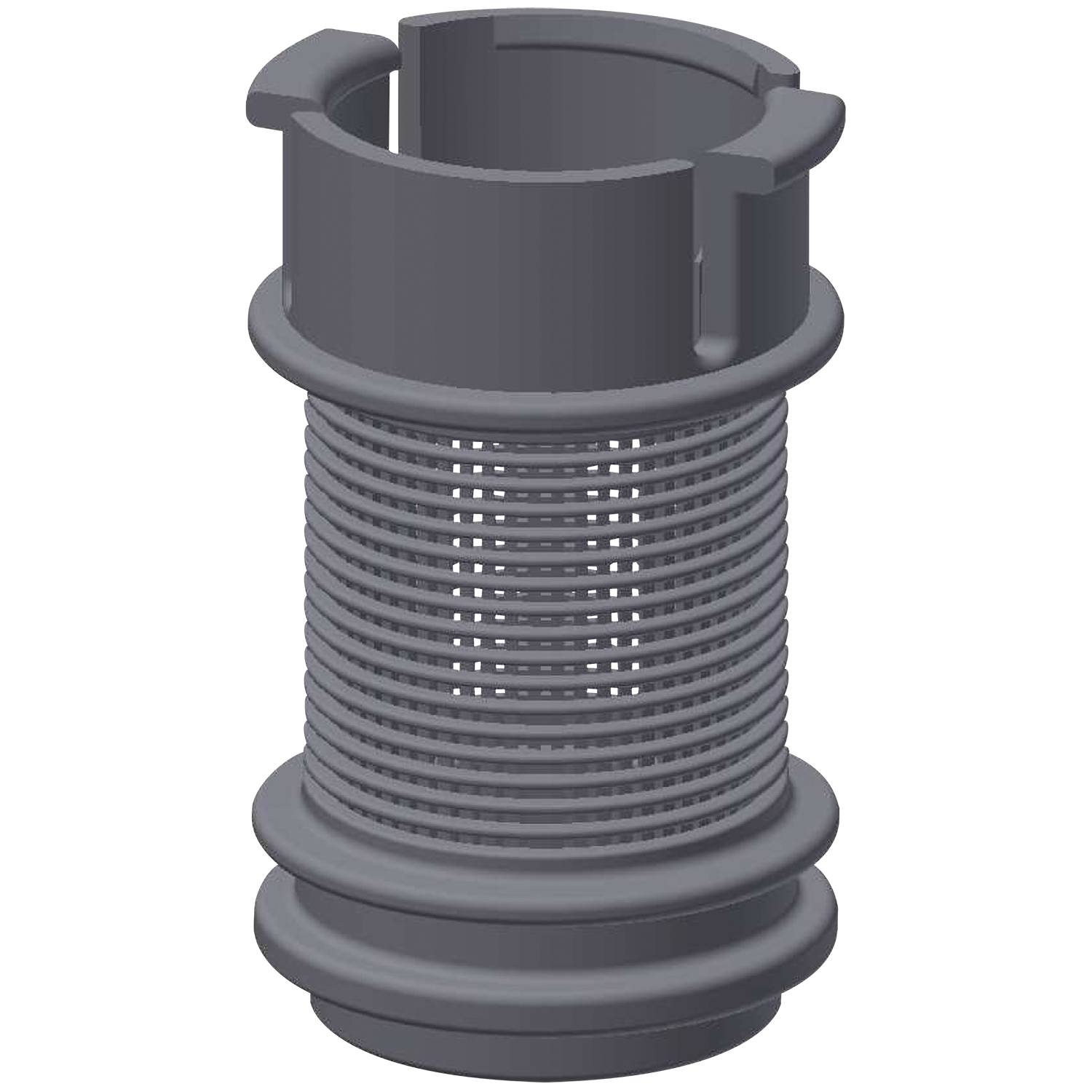 Ein 3D-gerendertes zylindrisches Objekt mit gerippter Mitte und geflanschten Enden, möglicherweise ein industrielles Bauteil oder Filter darstellend.