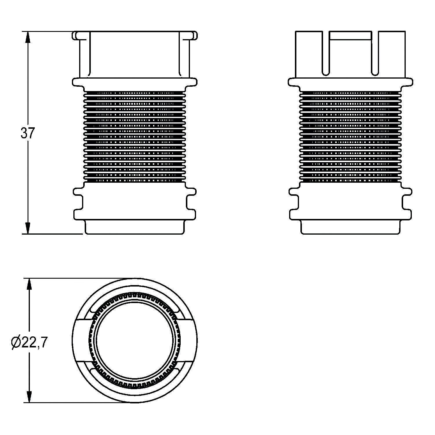 Technische Zeichnung eines zylindrischen Bauteils mit Abmessungen: Höhe 37 mm, Durchmesser 22,7 mm. Vorder- und Seitenansicht mit Gewindeabschnitten.