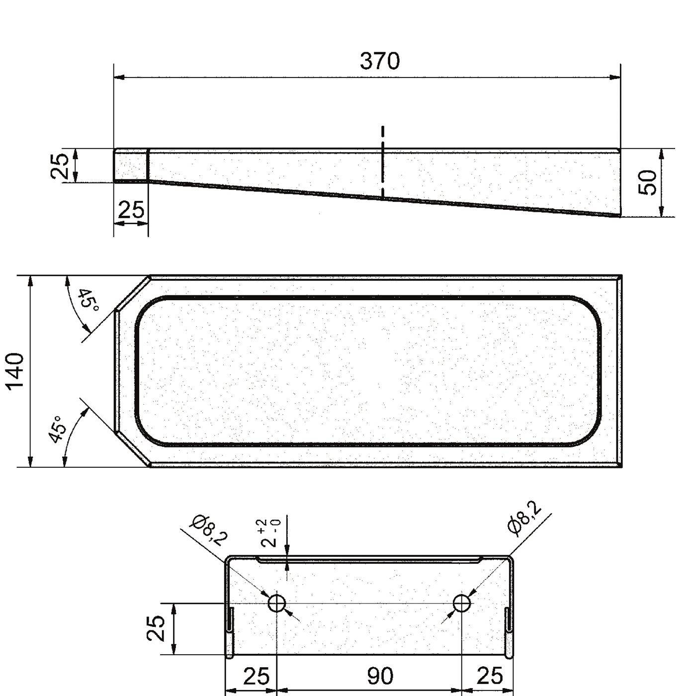 Technische Zeichnung eines konischen rechteckigen Teils mit abgerundeten Enden in Draufsicht und Seitenansicht; dargestellte Abmessungen umfassen 370 mm Länge, 140 mm Breite, 25 mm dickes Ende und 45°-Fasen.