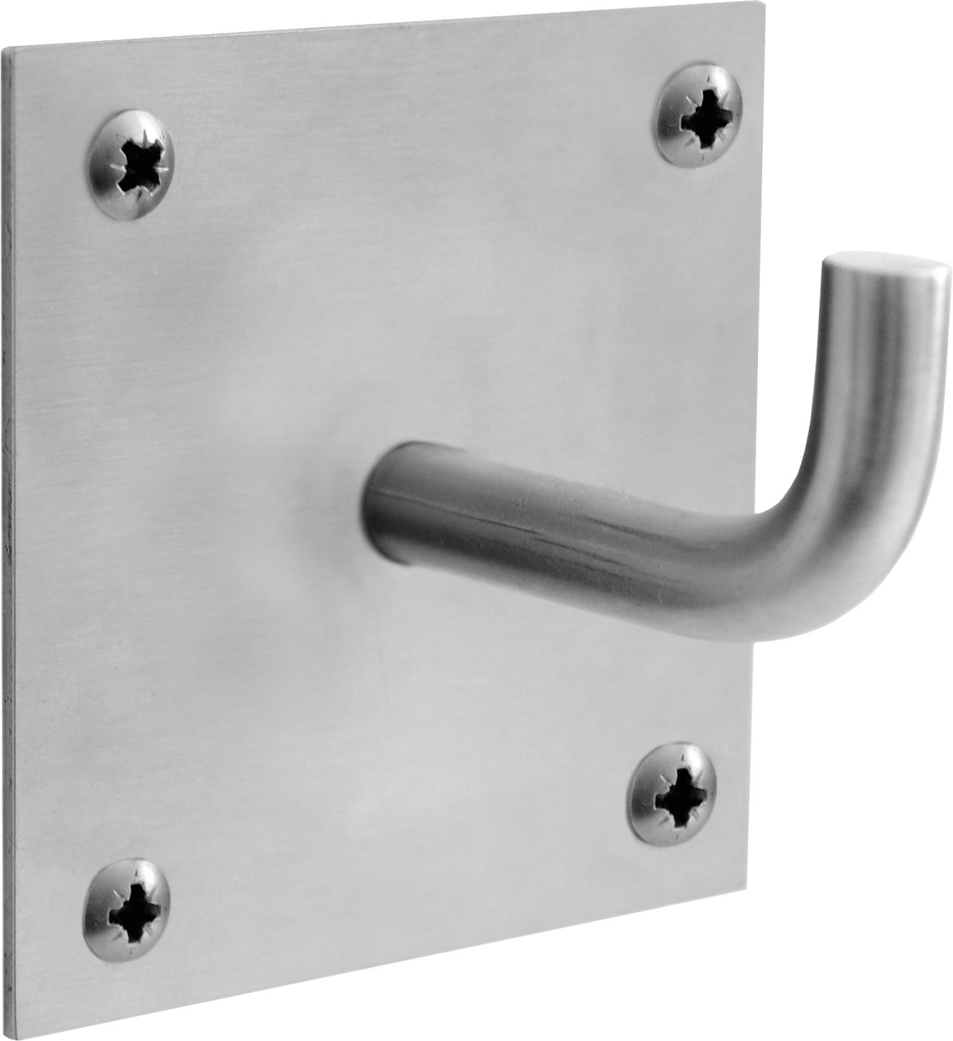 Ein Metallwandhaken mit quadratischer Grundfläche und vier Befestigungsschrauben.