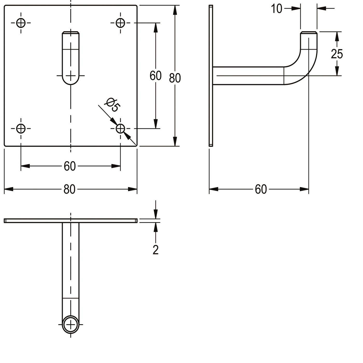 Technische Zeichnung einer L-förmigen Metallhalterung mit Befestigungslöchern, die Vorder-, Seiten- und Draufsicht mit Abmessungen von 80, 60, 25, 10 und 2 mm zeigt.