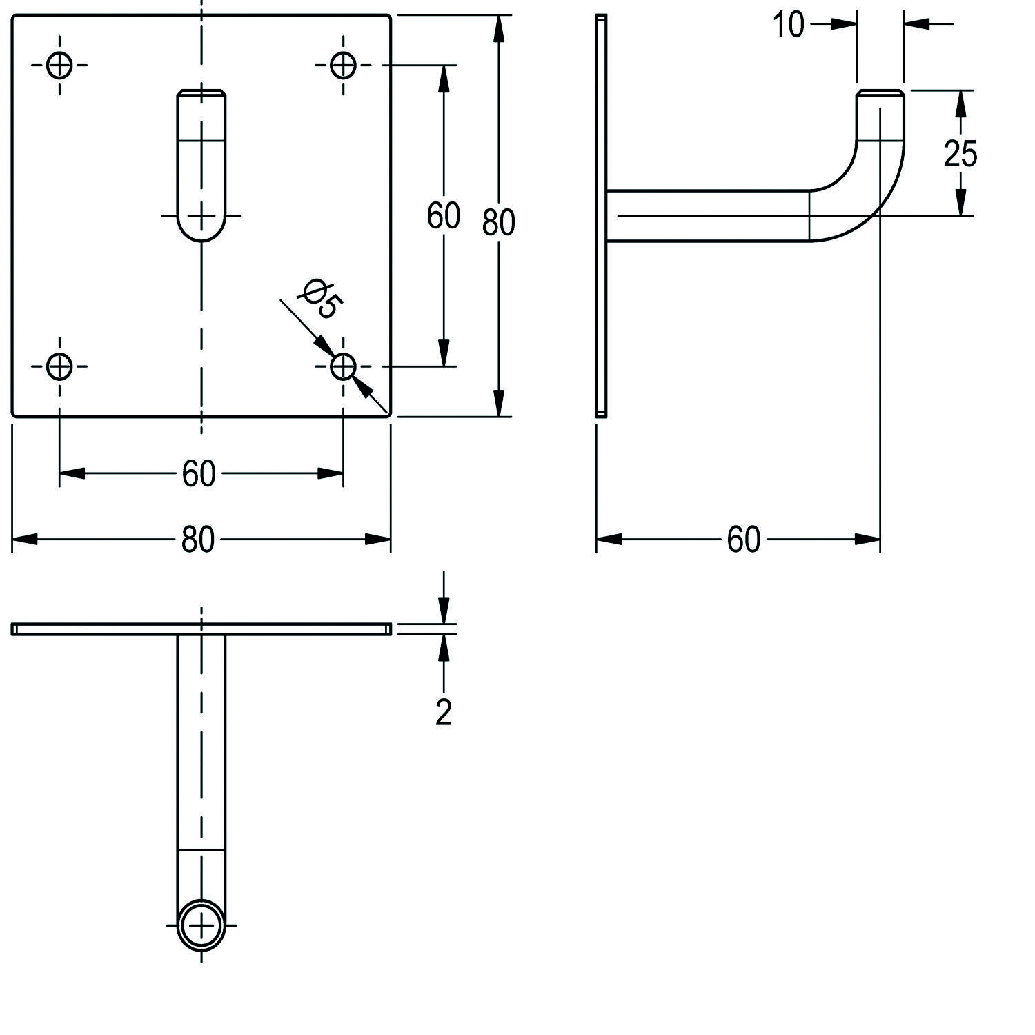 Halterung technische Zeichnung mit Abmessungen: 60x80 mm Grundfläche, 10 mm Versatz, 25 mm Höhe, 5 mm Durchmesserlöcher und 2 mm Dicke.