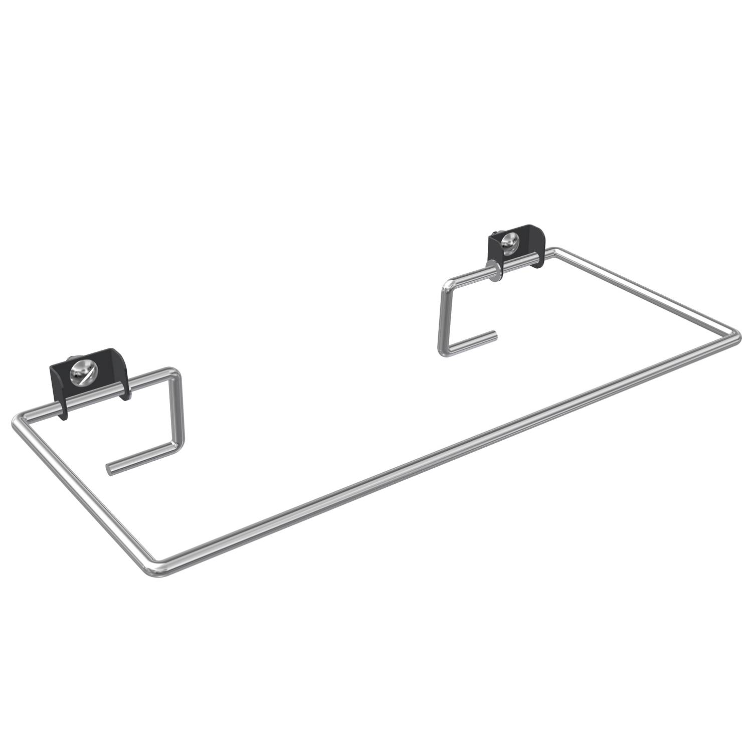 Ein Metallobjekt mit zwei Befestigungshalterungen und gebogenen Stäben, das einem Wandhalter oder Rahmenhalter zum Halten oder Stützen eines Gegenstands ähnelt.