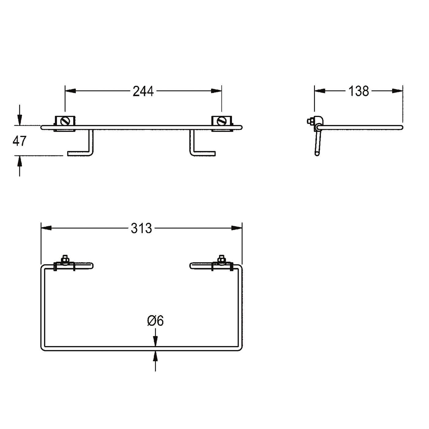 Technische Zeichnung einer U-förmigen Metallklammer mit Abmessungen: 313 mm Breite, 244 mm obere Spannweite, 138 mm Seitentiefe, 47 mm Höhe und 6 mm Lochdurchmesser.