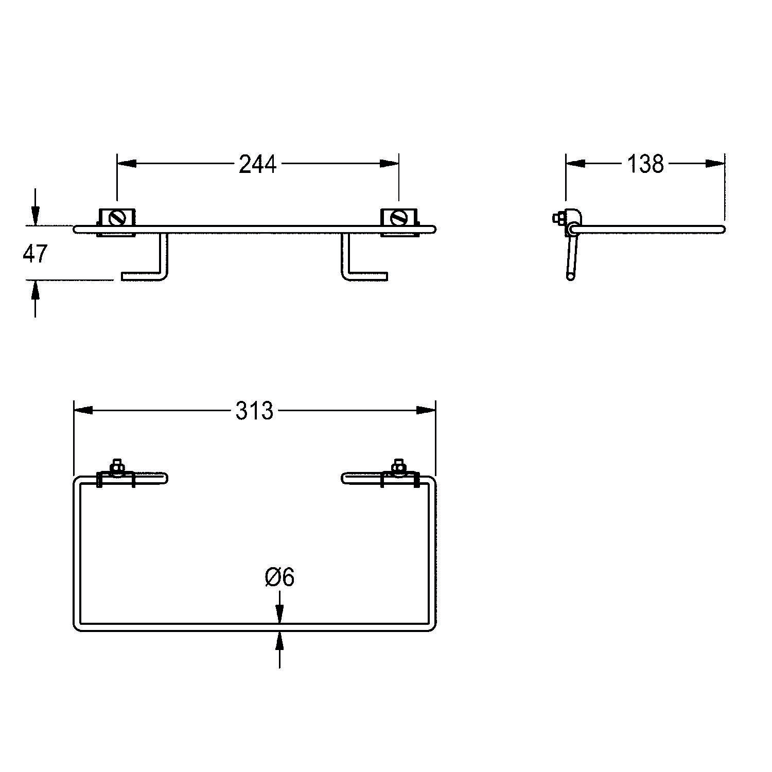 Diagramm eines rechteckigen Objekts mit Abmessungen: 244 mm Breite, 313 mm Länge, 47 mm Höhe. Enthält Befestigungskomponenten und ein 6 mm großes Loch.