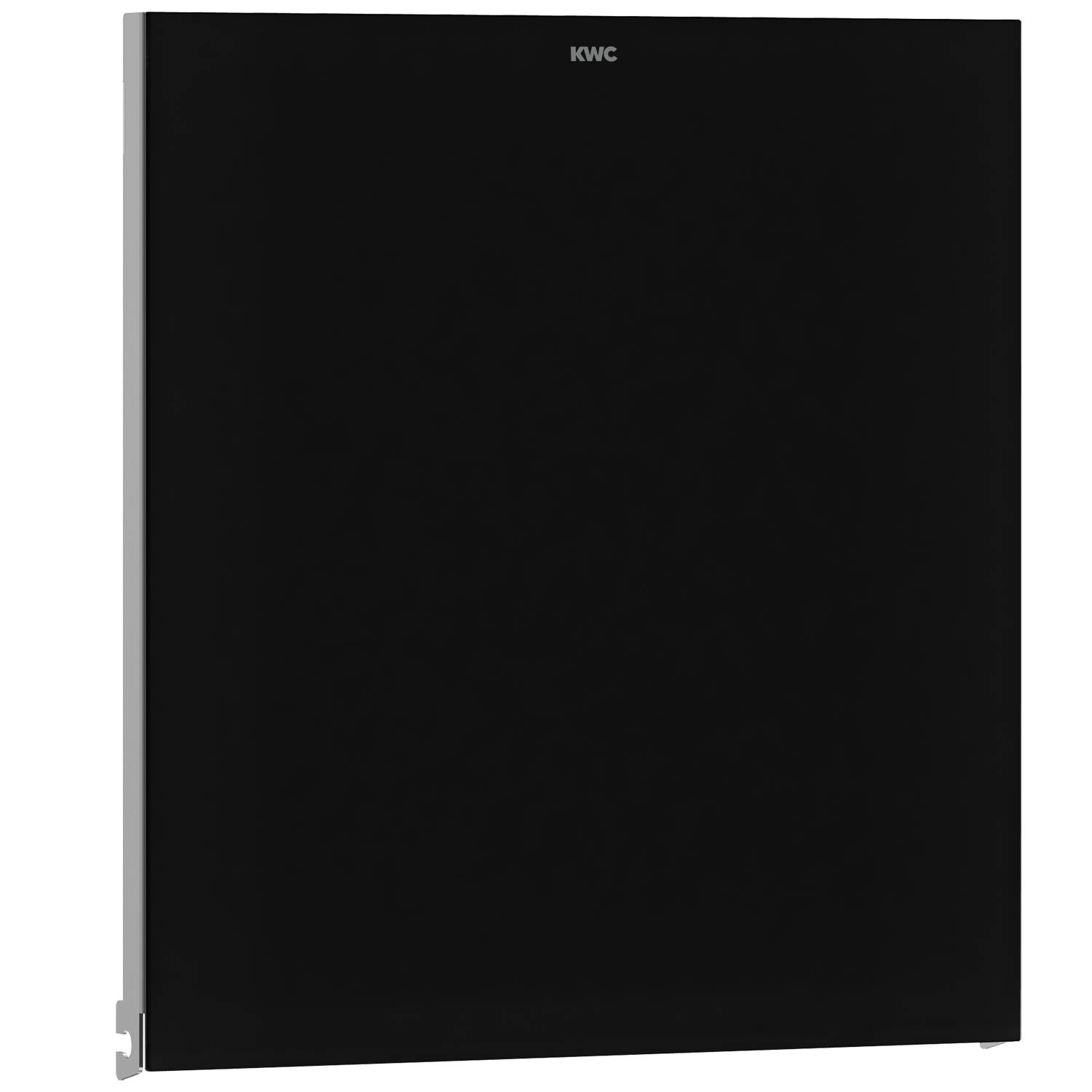 Ein schwarzer Mini-Kühlschrank mit elegantem Design und einer einzelnen Tür. Der Markenname 'KWC' ist mittig oben auf der Tür sichtbar.